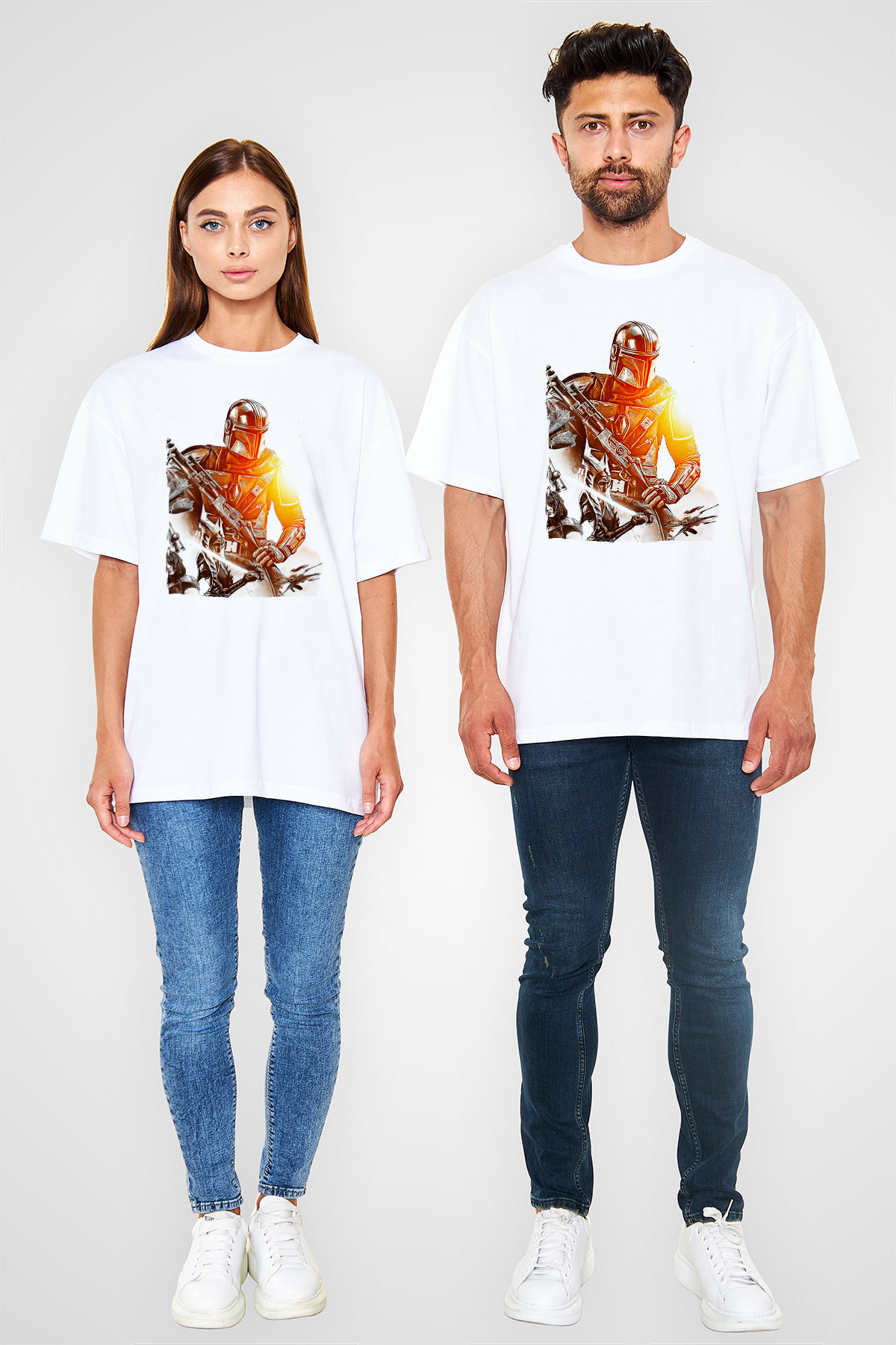 Mandolarian Baskılı Beyaz Unisex Oversize Tişört - Tshirt