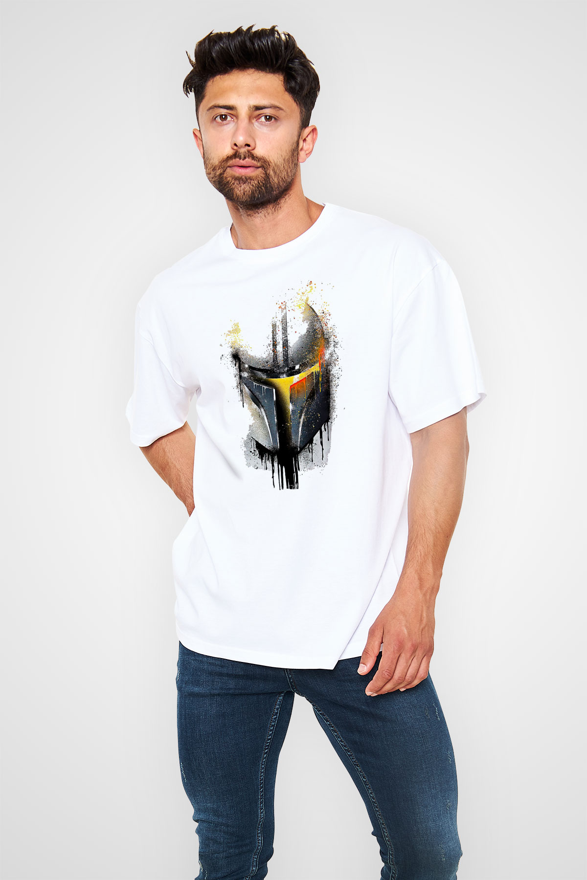 Mandolarian Baskılı Beyaz Unisex Oversize Tişört - Tshirt