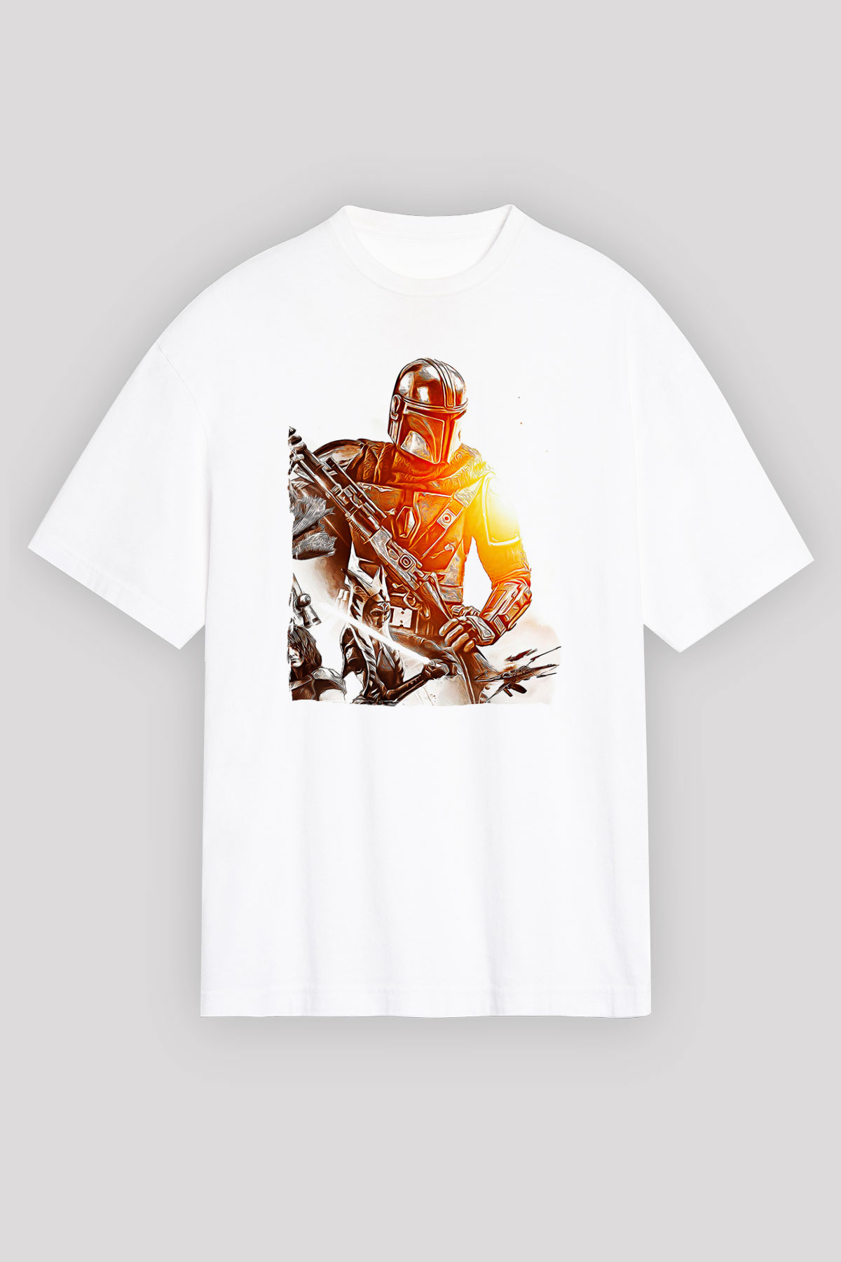 Mandolarian Baskılı Beyaz Unisex Oversize Tişört - Tshirt
