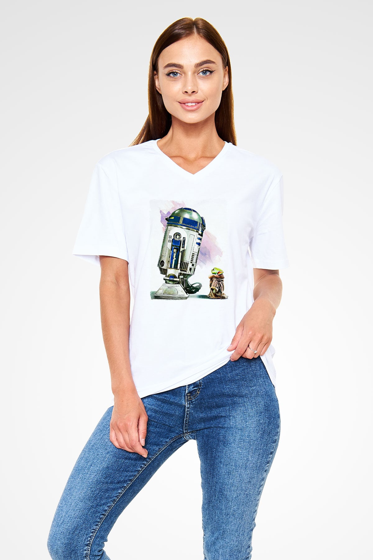 Mandolarian Baskılı Beyaz Unisex V Yaka Tişört - Tshirt