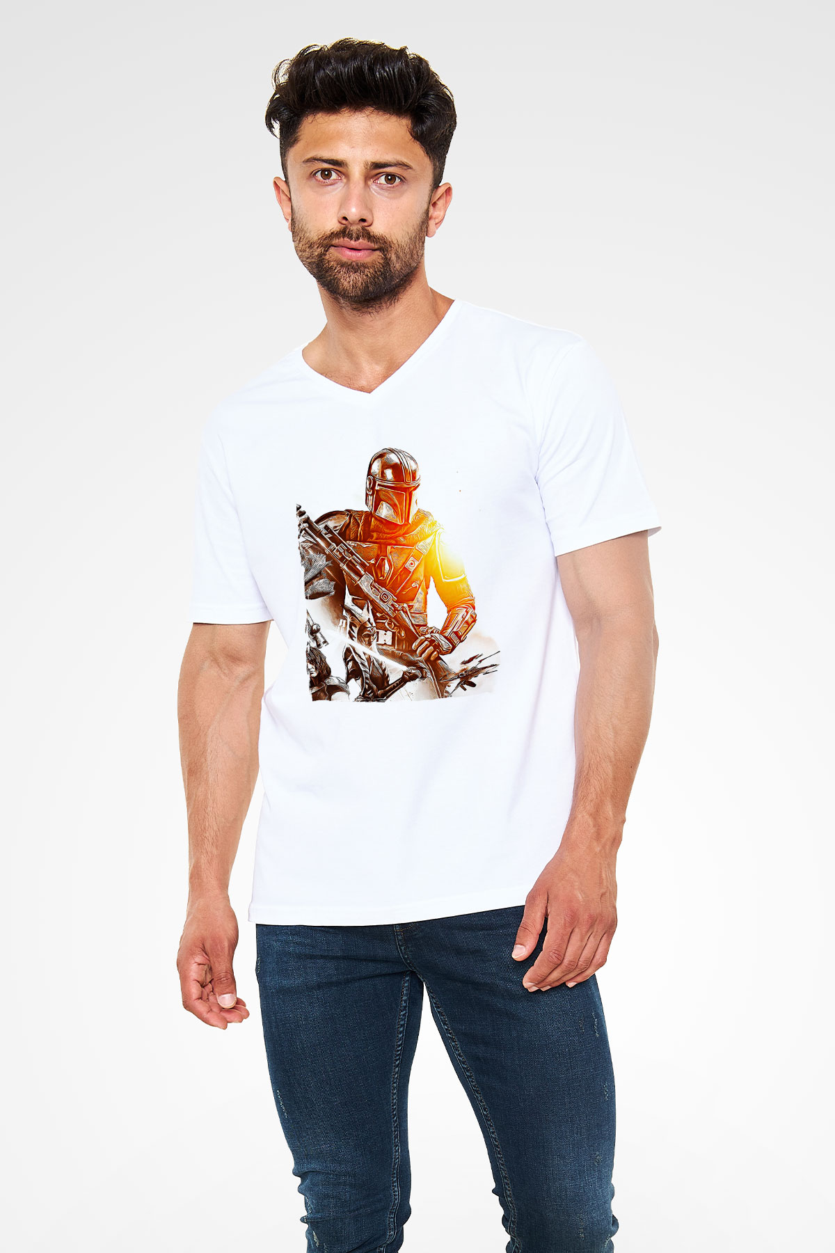 Mandolarian Baskılı Beyaz Unisex V Yaka Tişört - Tshirt