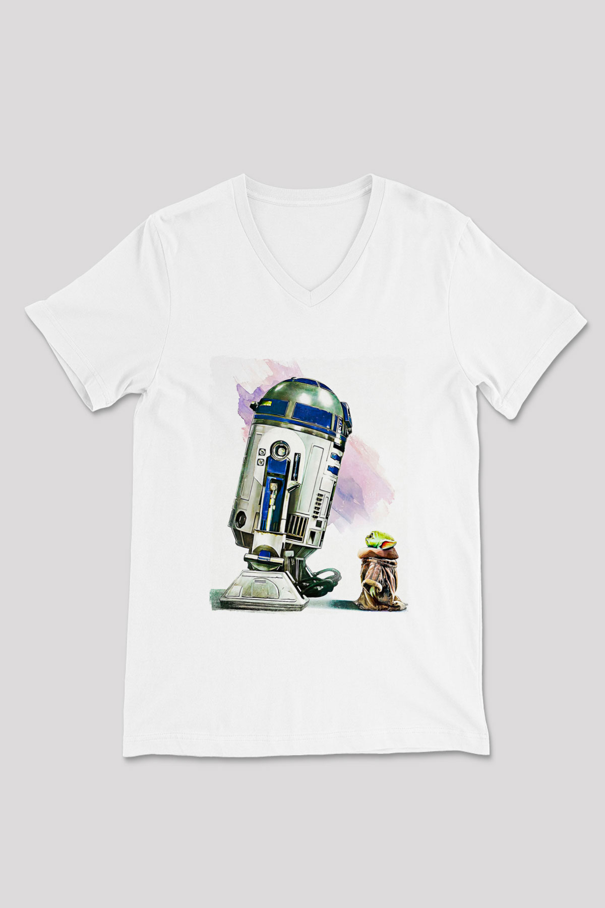 Mandolarian Baskılı Beyaz Unisex V Yaka Tişört - Tshirt