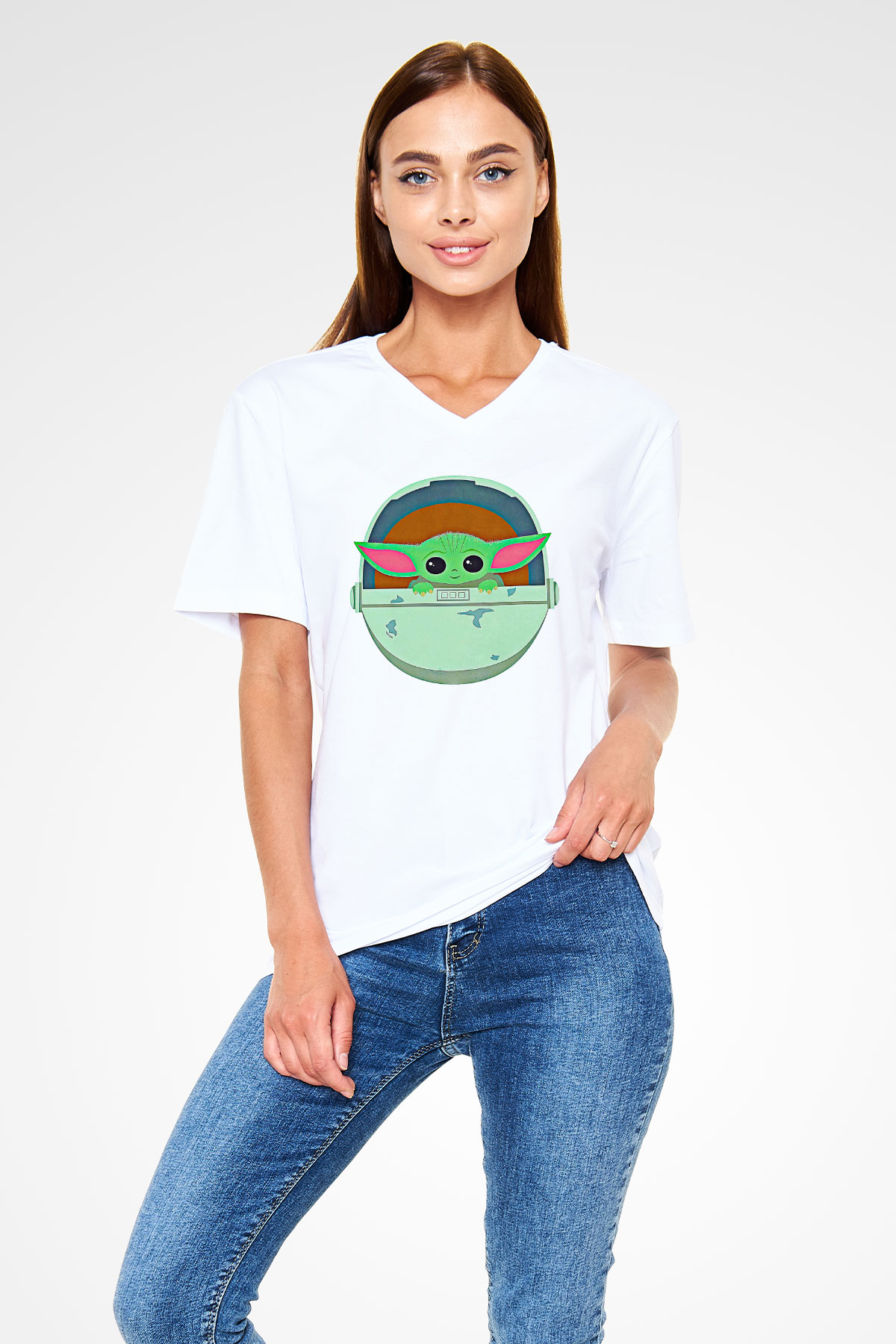 Mandolarian Baskılı Beyaz Unisex V Yaka Tişört - Tshirt