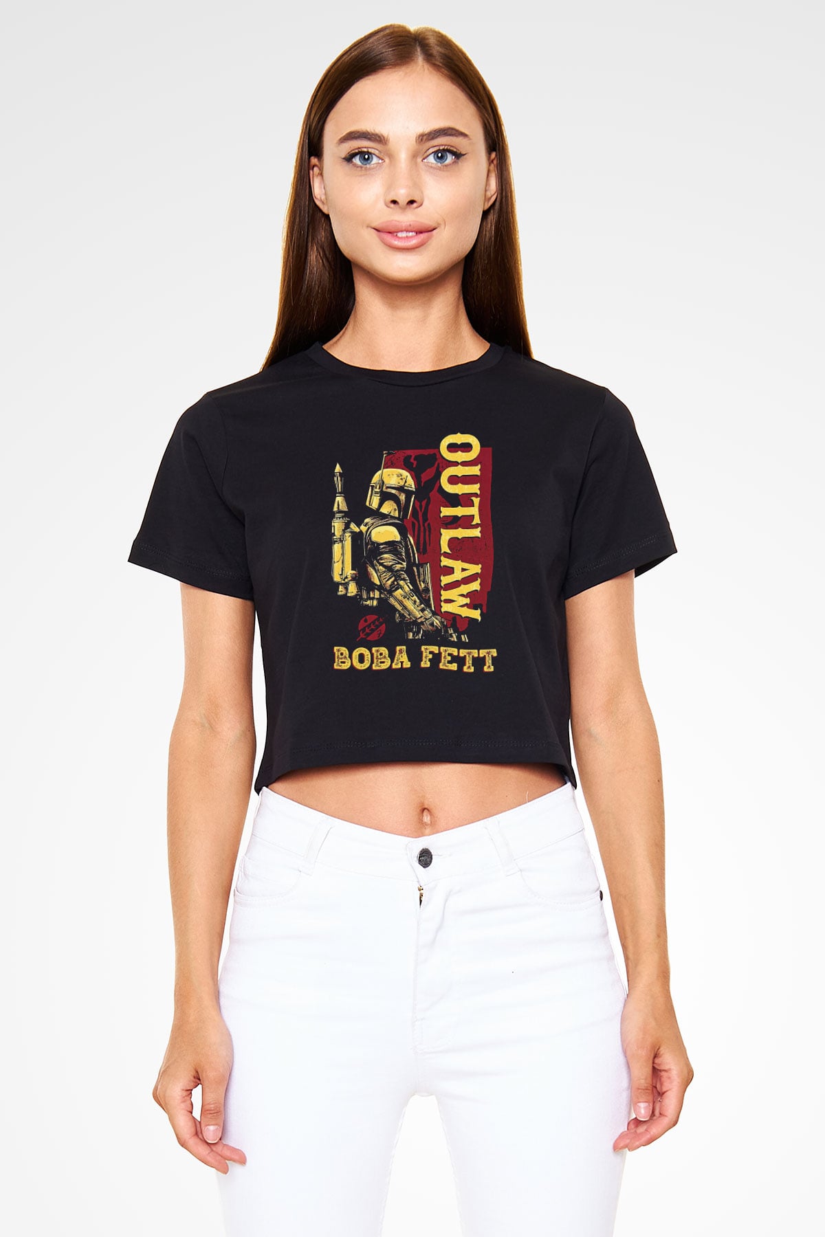 Mandolarian Baskılı Siyah Crop Top Kadın Tişört - Tshirt