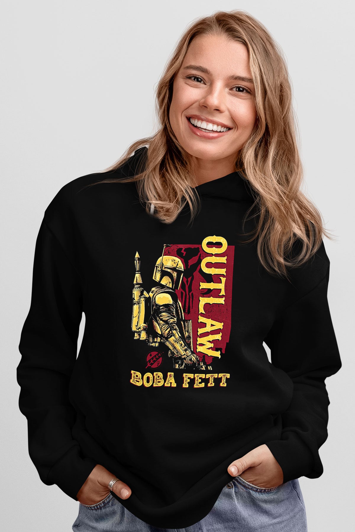 Mandolarian Baskılı Unisex Siyah Kapüşonlu Sweatshirt