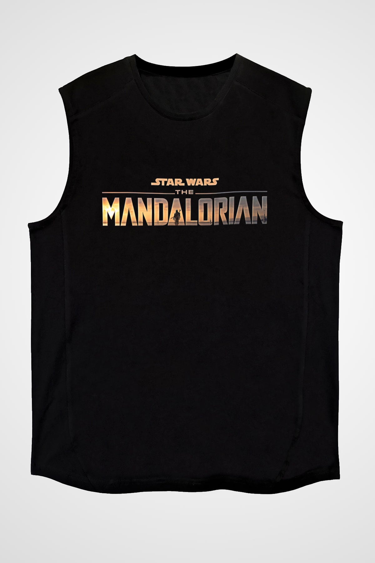 Mandolarian Baskılı Unisex Siyah Kolsuz Tişört - Tshirt