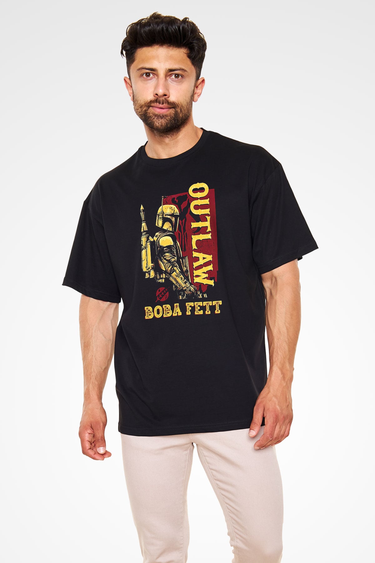 Mandolarian Baskılı Unisex Siyah Oversize Tişört - Tshirt
