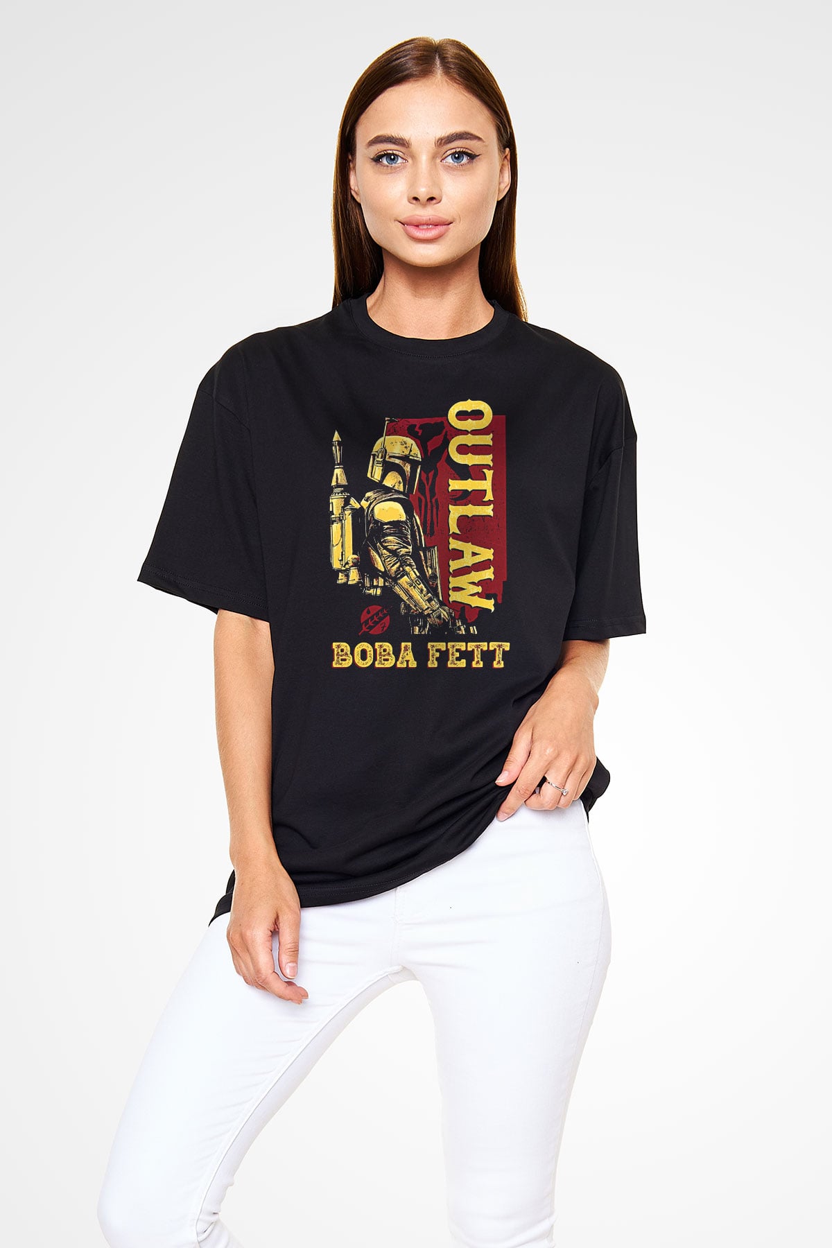 Mandolarian Baskılı Unisex Siyah Oversize Tişört - Tshirt