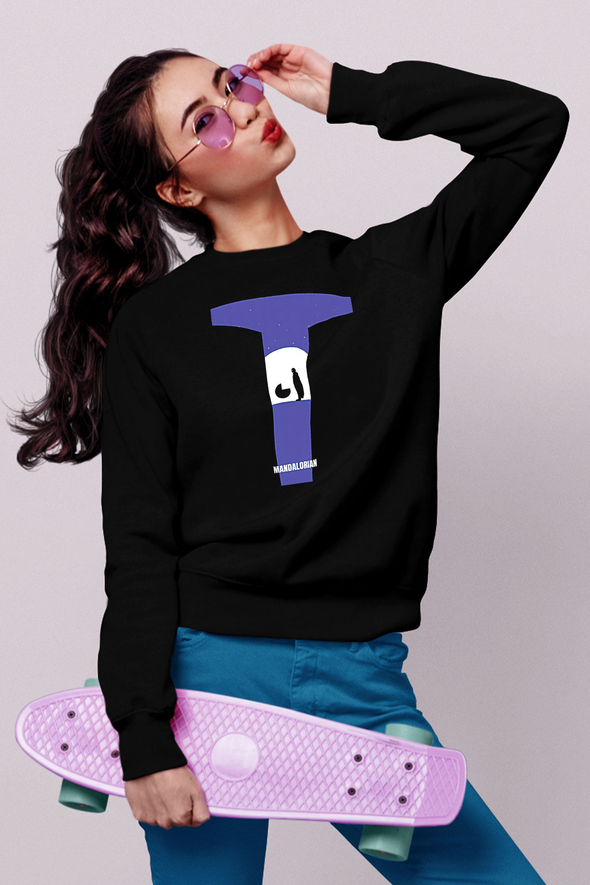 Mandolarian Baskılı Unisex Siyah Sweatshirt