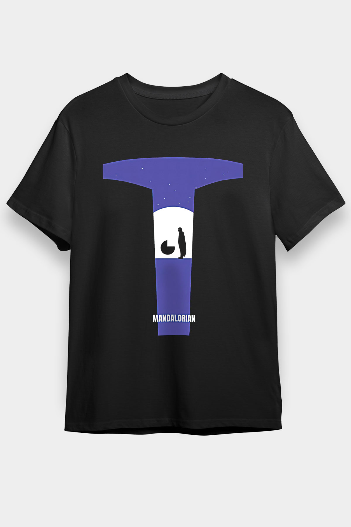 Mandolarian Baskılı Unisex Siyah Tişört - Tshirt