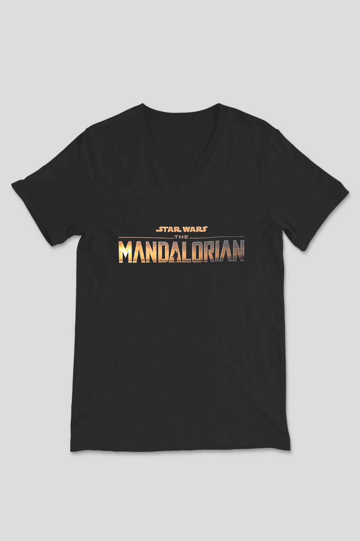 Mandolarian Baskılı Unisex Siyah V Yaka Tişört - Tshirt