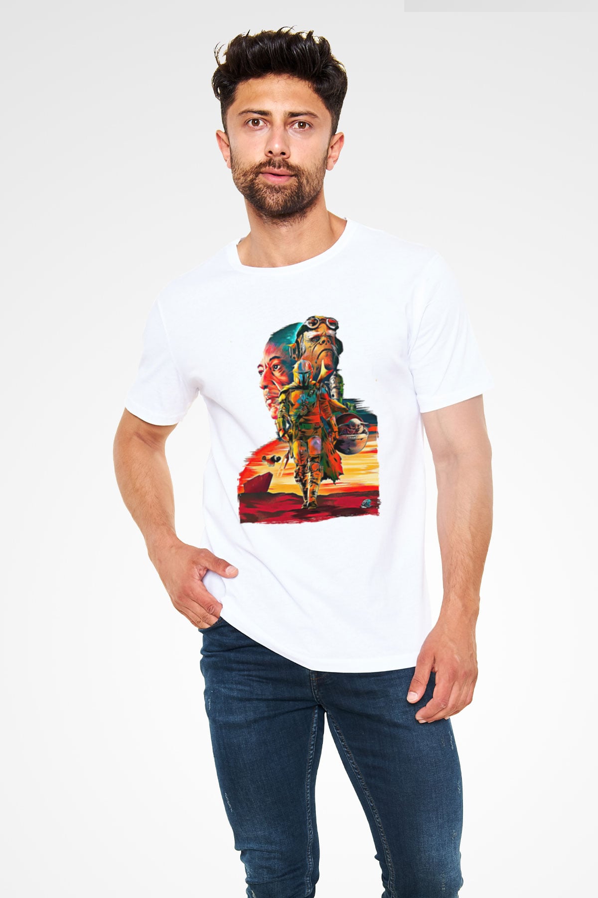 Mandolarian Unisex Baskılı Beyaz Tişört - Tshirt