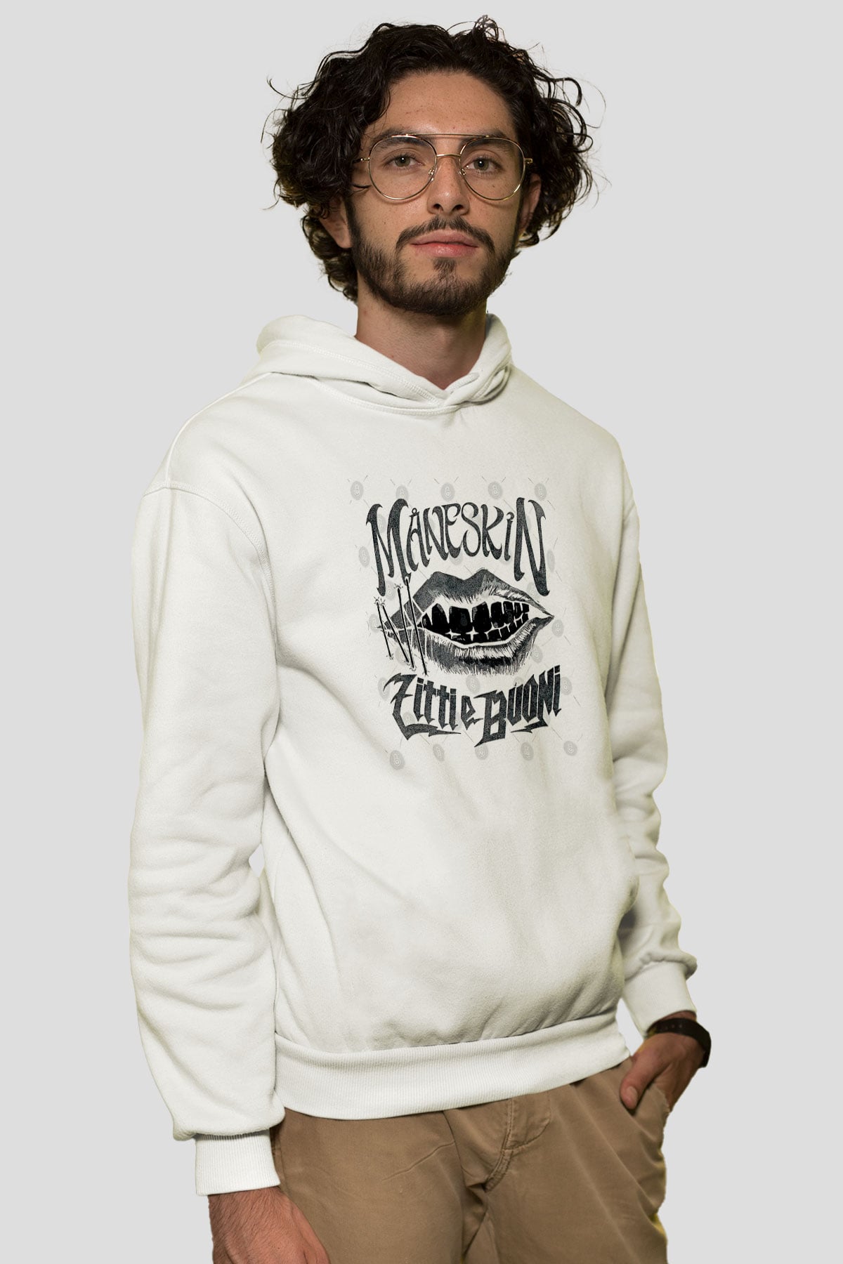 Maneskin Baskılı Beyaz Unisex Kapüşonlu Sweatshirt