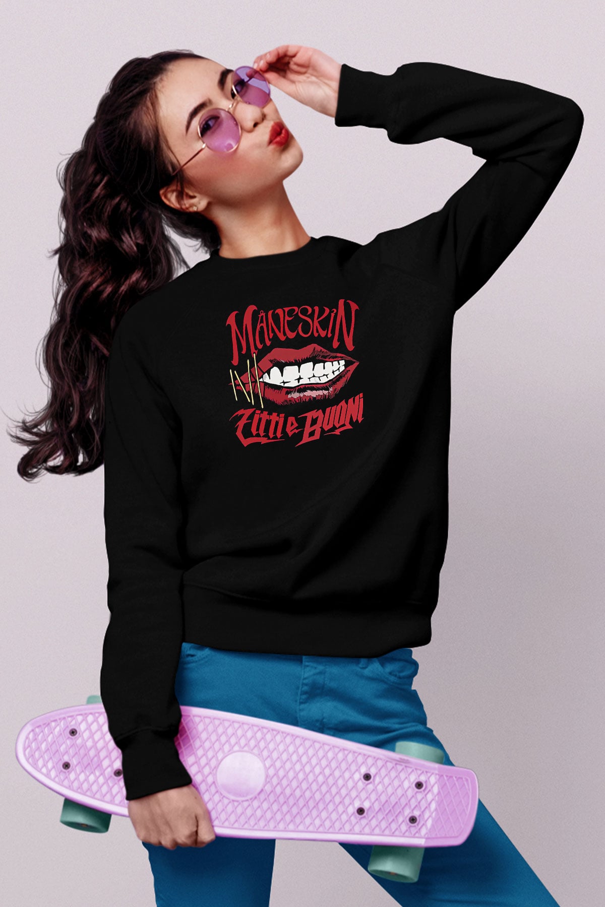 Maneskin Baskılı Unisex Siyah Sweatshirt