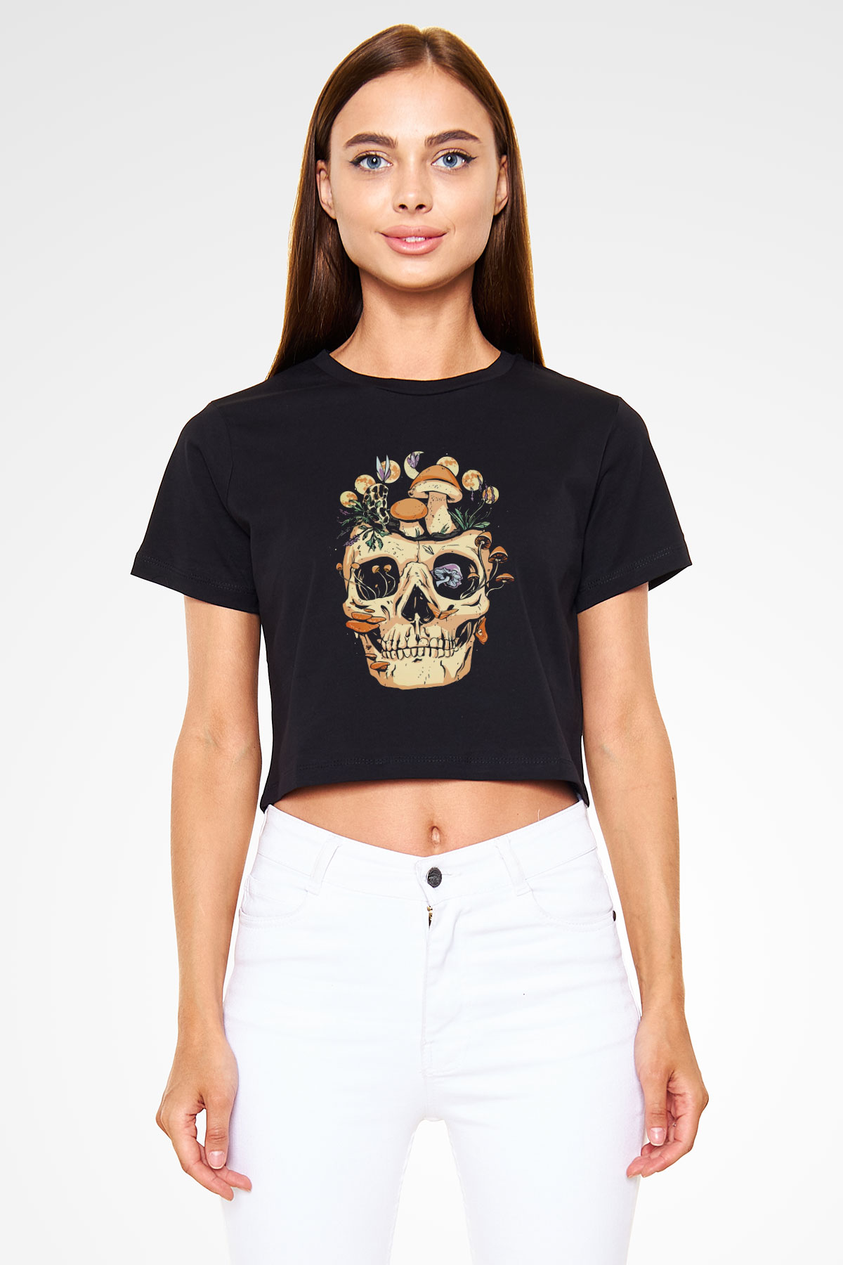 Mantar Kurukafa Baskılı  Siyah  Crop Top Tişört