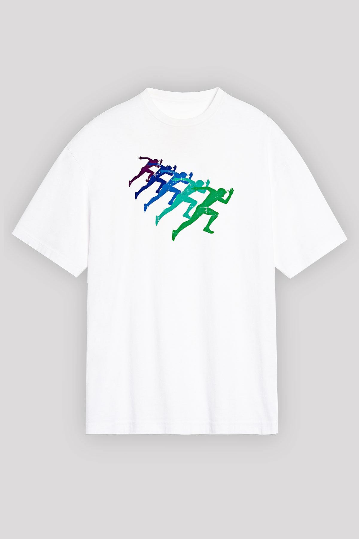 Maraton Baskılı Unisex Beyaz Oversize Tişört - Tshirt