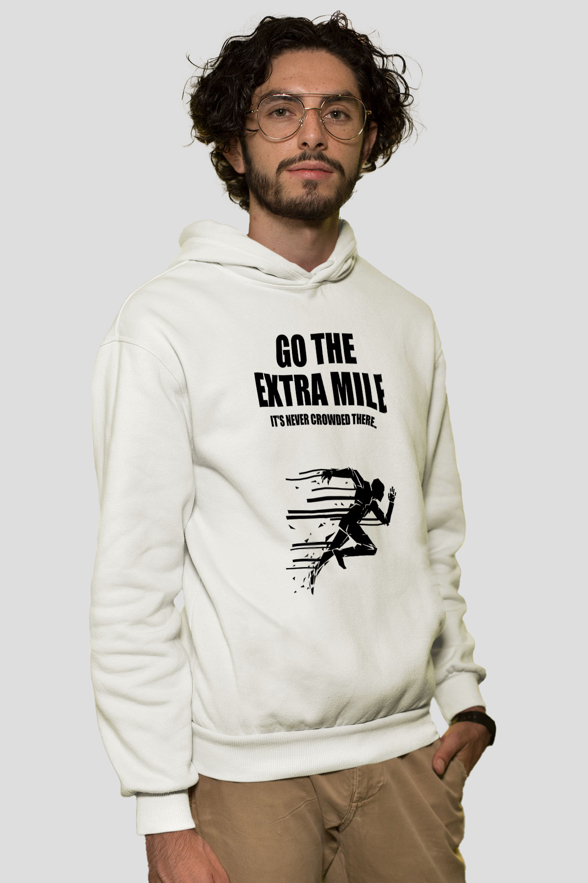 Maraton Baskılı Unisex Ekru Hoodie