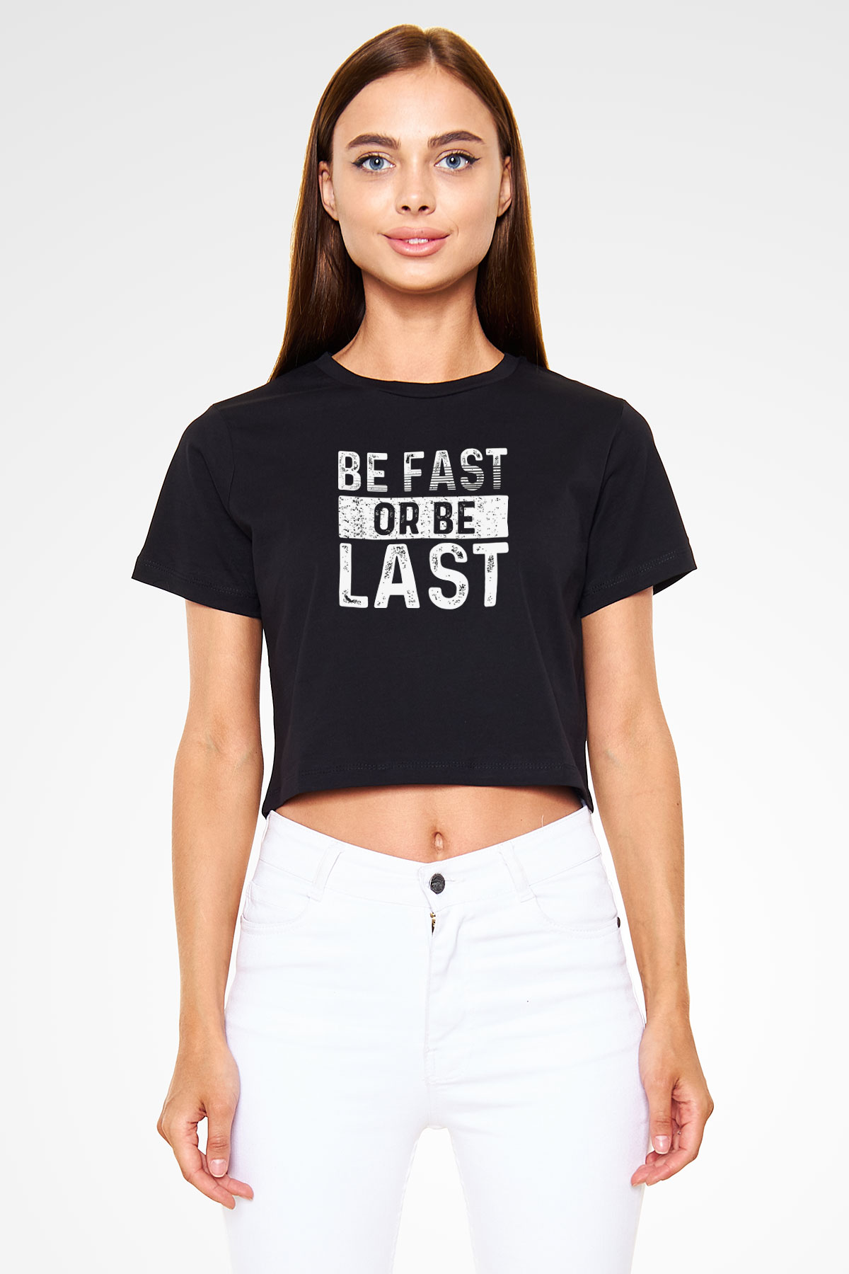 Maraton - Marathon Baskılı Crop Top Siyah Kadın Tişört - Tshirt