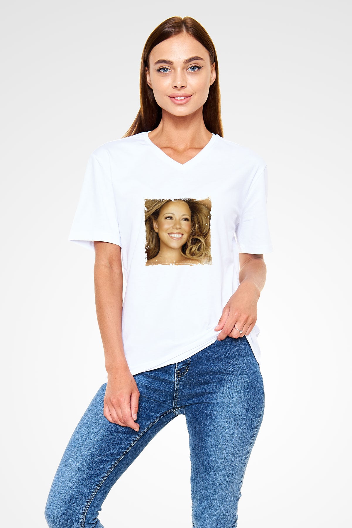 Mariah Carey Baskılı Beyaz V Yaka Unisex Tişört