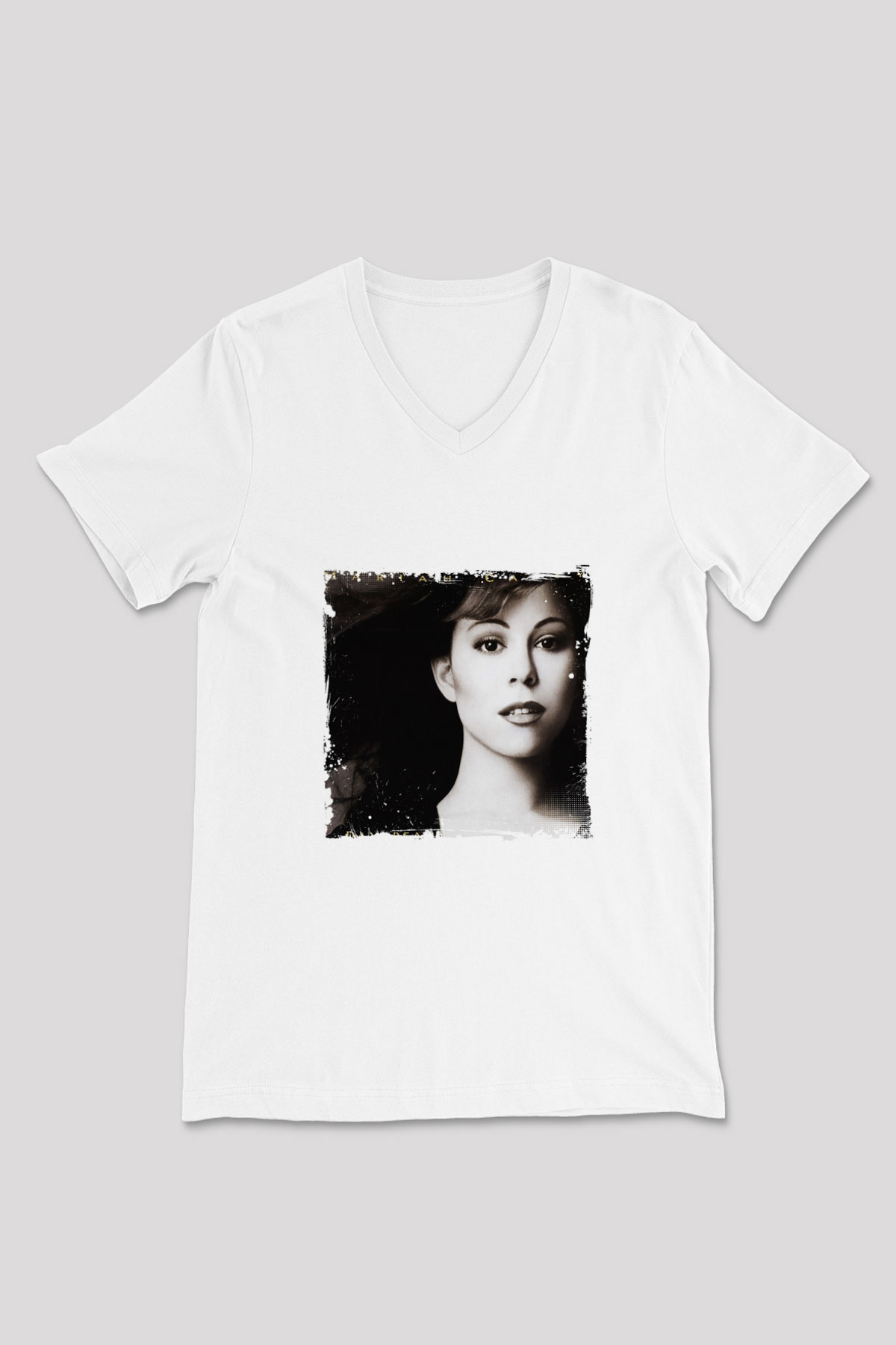 Mariah Carey Baskılı Beyaz V Yaka Unisex Tişört