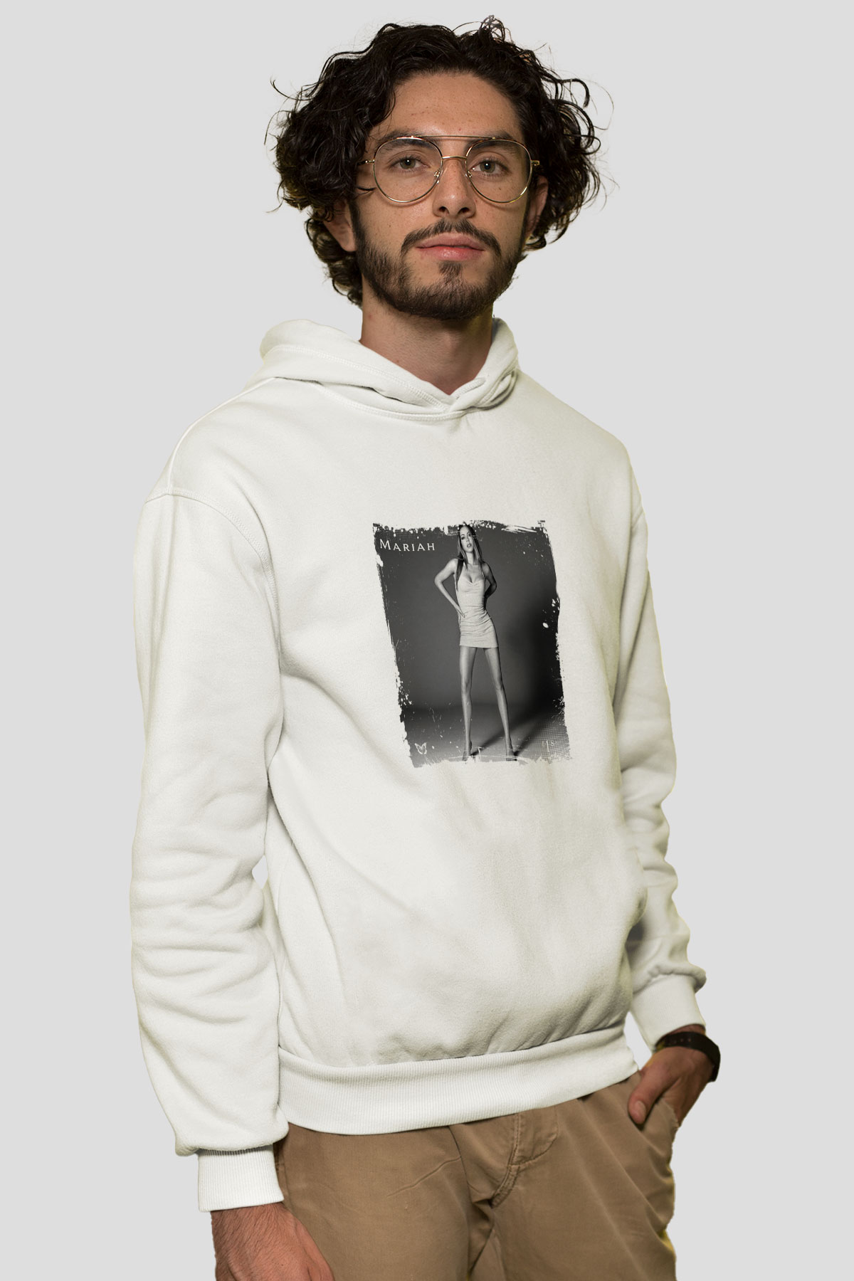 Mariah Carey Baskılı Unisex Beyaz Kapüşonlu Sweatshirt