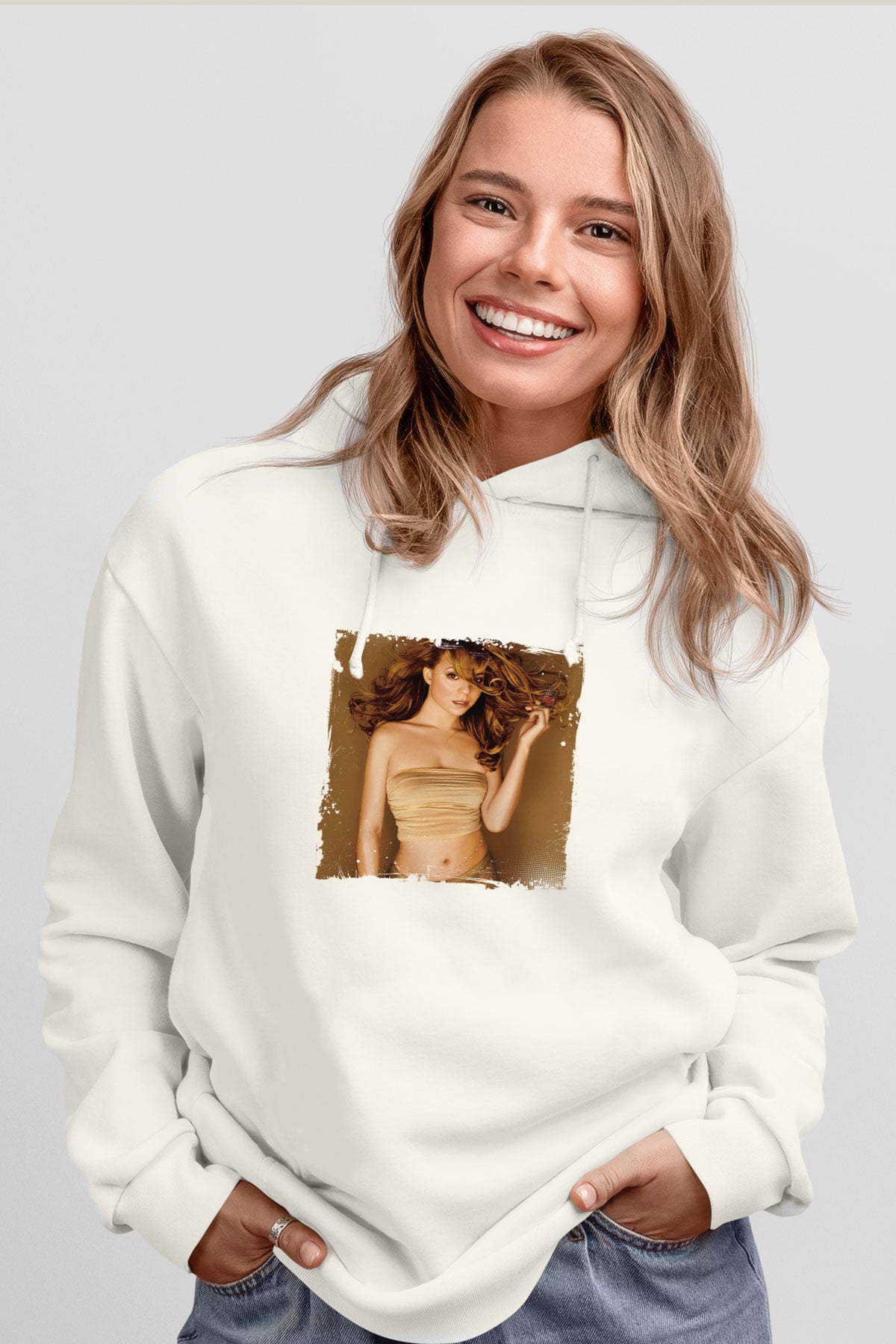 Mariah Carey Baskılı Unisex Beyaz Kapüşonlu Sweatshirt