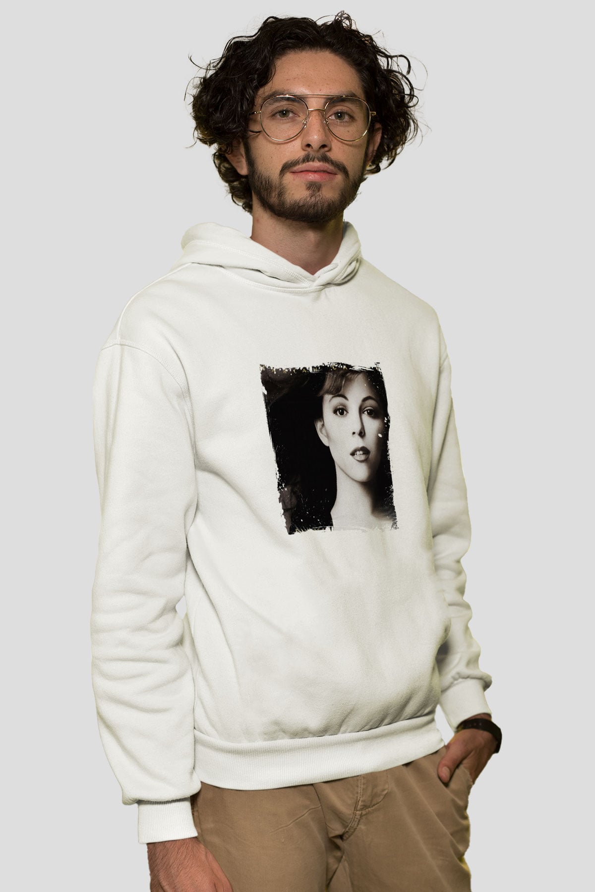 Mariah Carey Baskılı Unisex Beyaz Kapüşonlu Sweatshirt