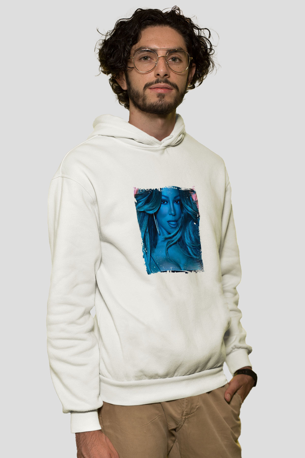 Mariah Carey Baskılı Unisex Beyaz Kapüşonlu Sweatshirt