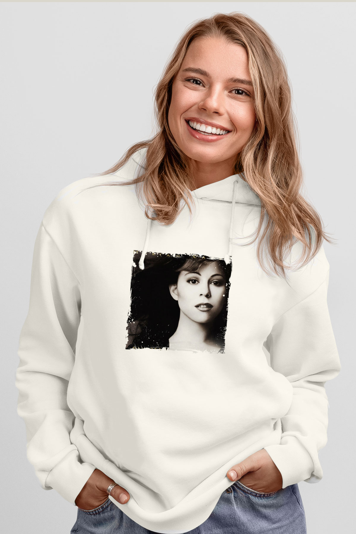 Mariah Carey Baskılı Unisex Beyaz Kapüşonlu Sweatshirt