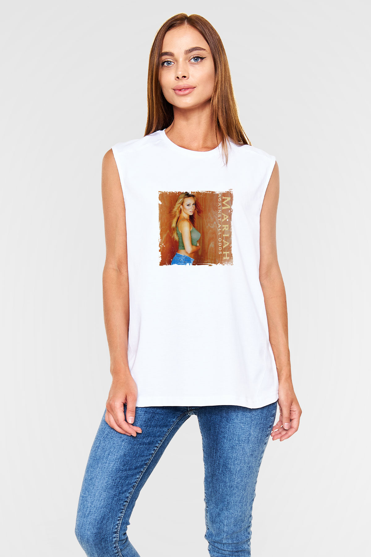 Mariah Carey Baskılı Unisex Beyaz Kolsuz Tişört