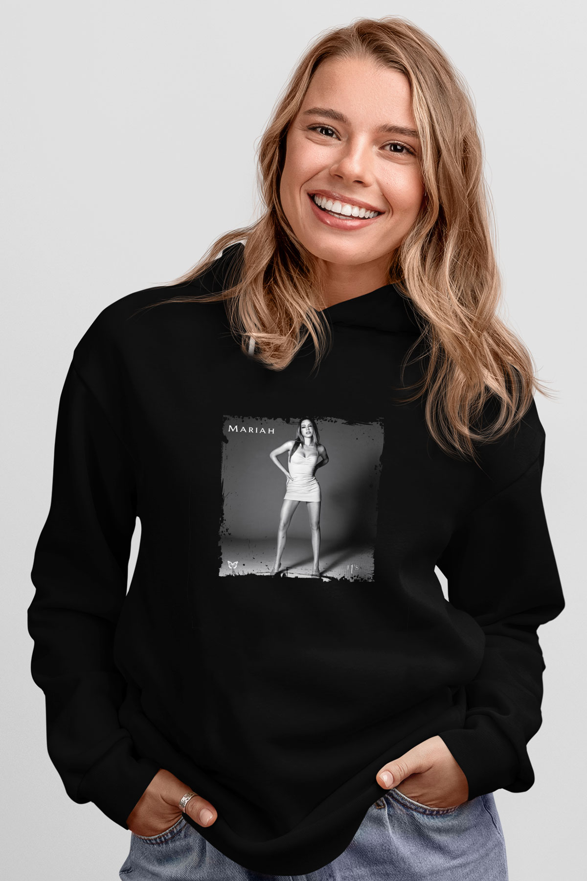 Mariah Carey Baskılı Unisex Siyah Hoodie