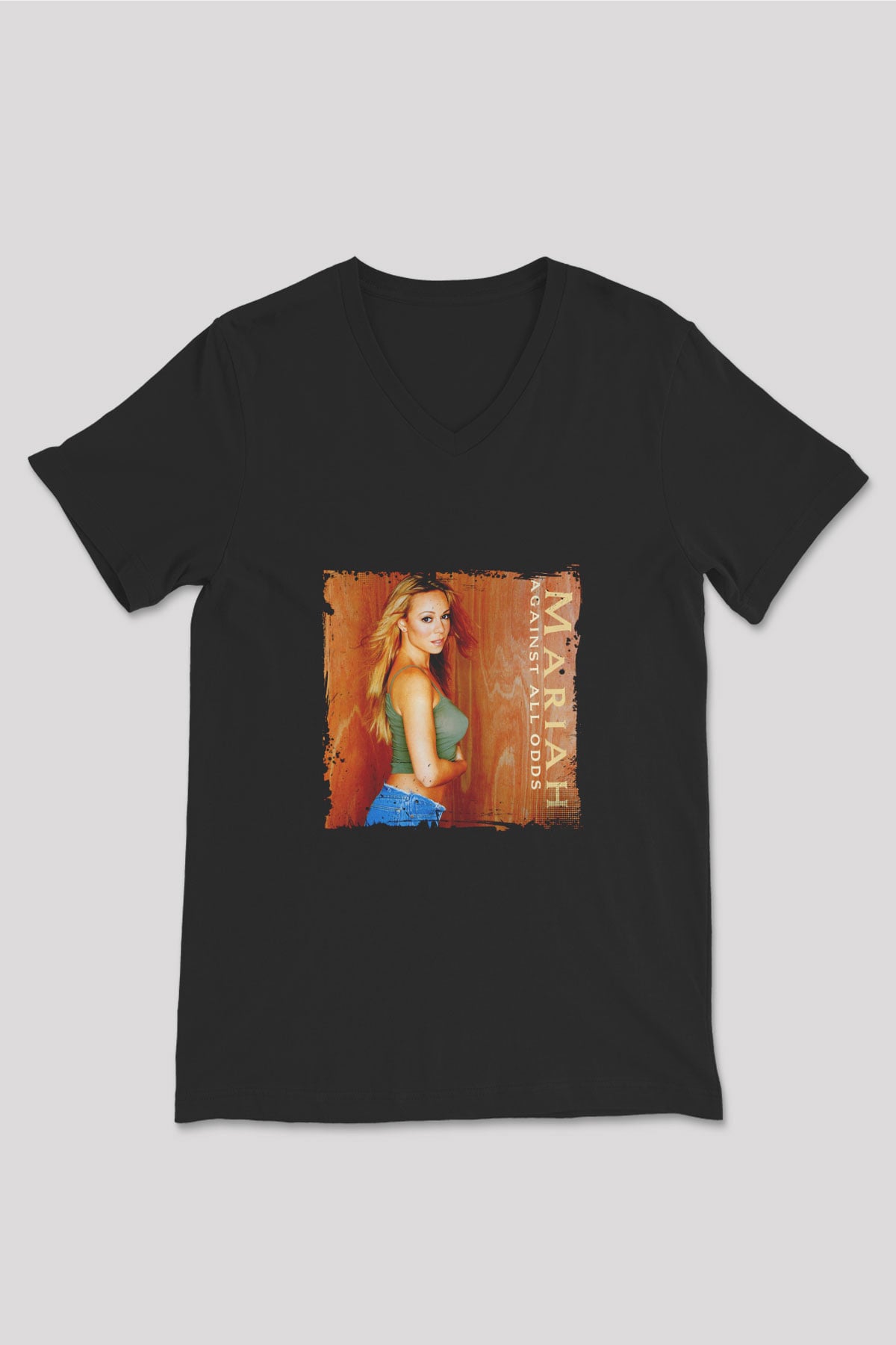 Mariah Carey Baskılı Unisex Siyah V Yaka Tişört