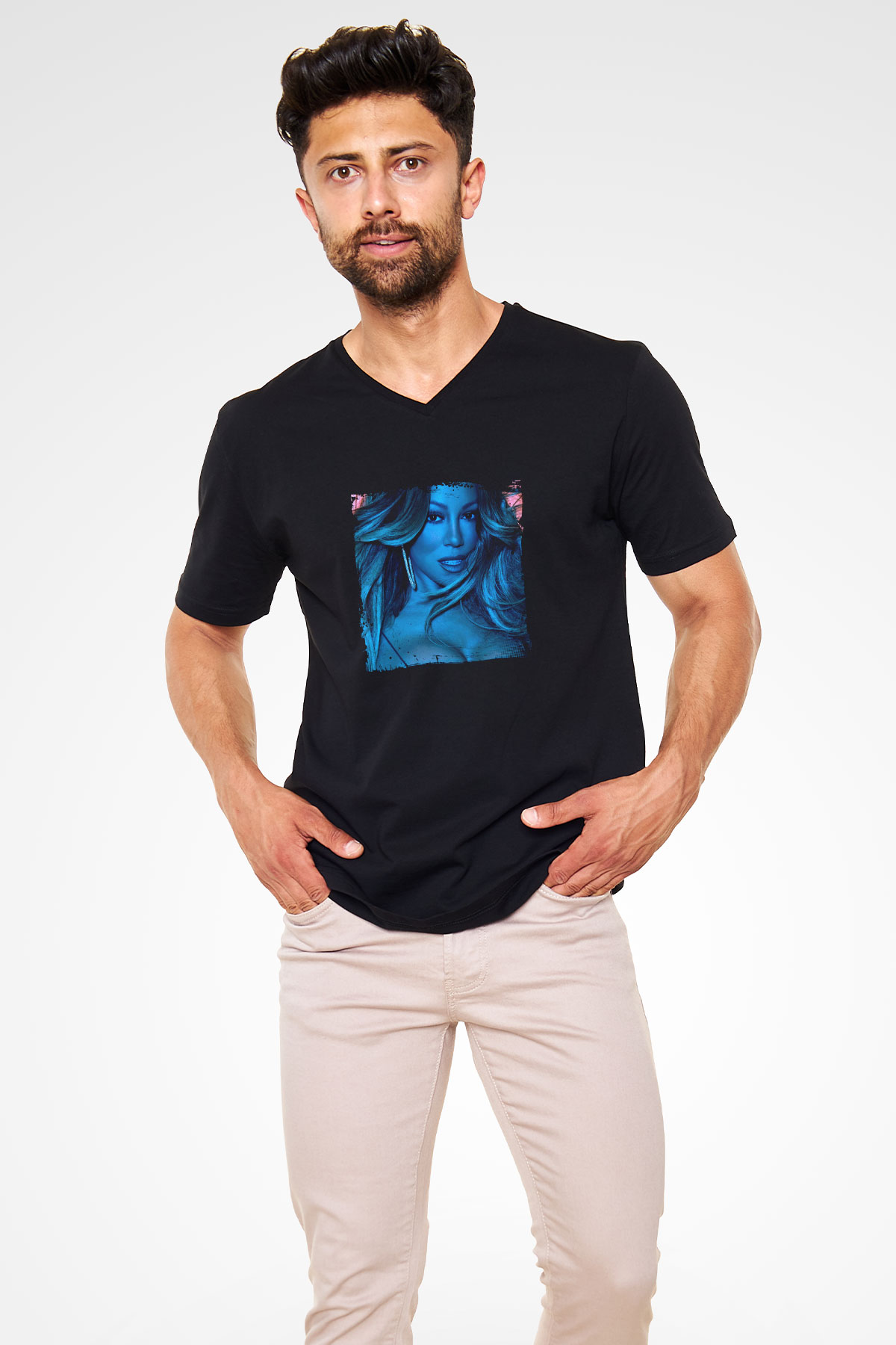 Mariah Carey Baskılı Unisex Siyah V Yaka Tişört