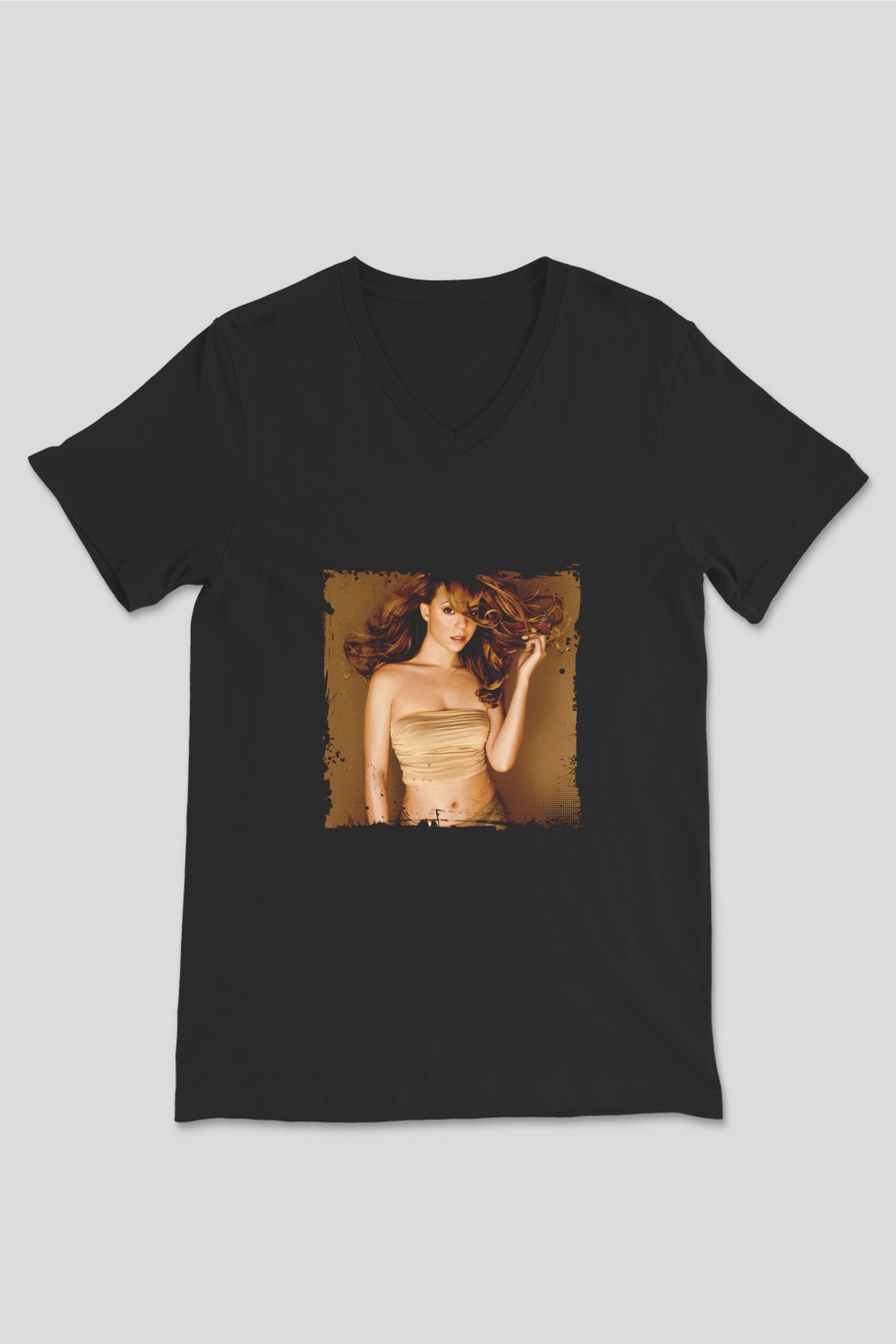 Mariah Carey Baskılı Unisex Siyah V Yaka Tişört