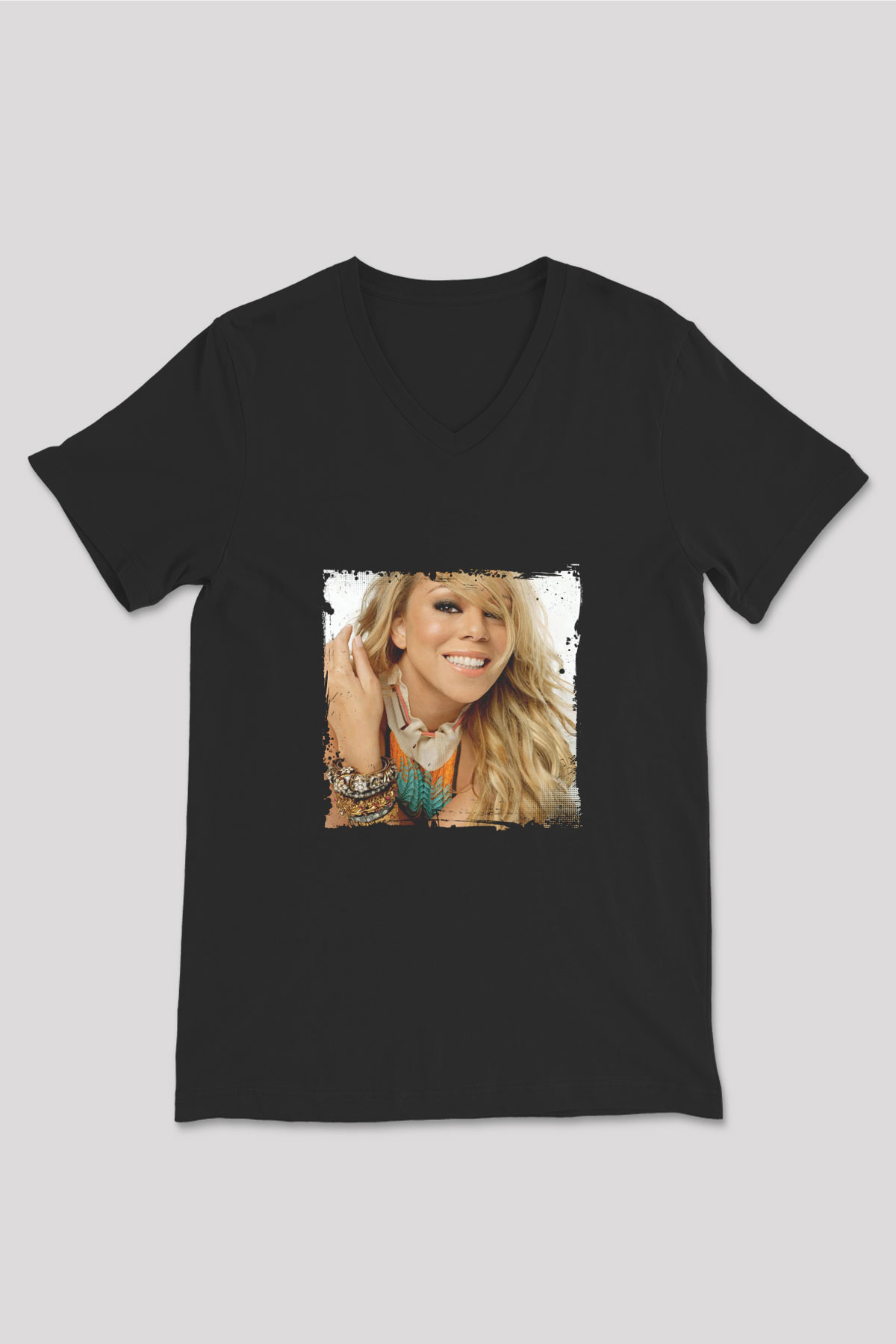 Mariah Carey Baskılı Unisex Siyah V Yaka Tişört