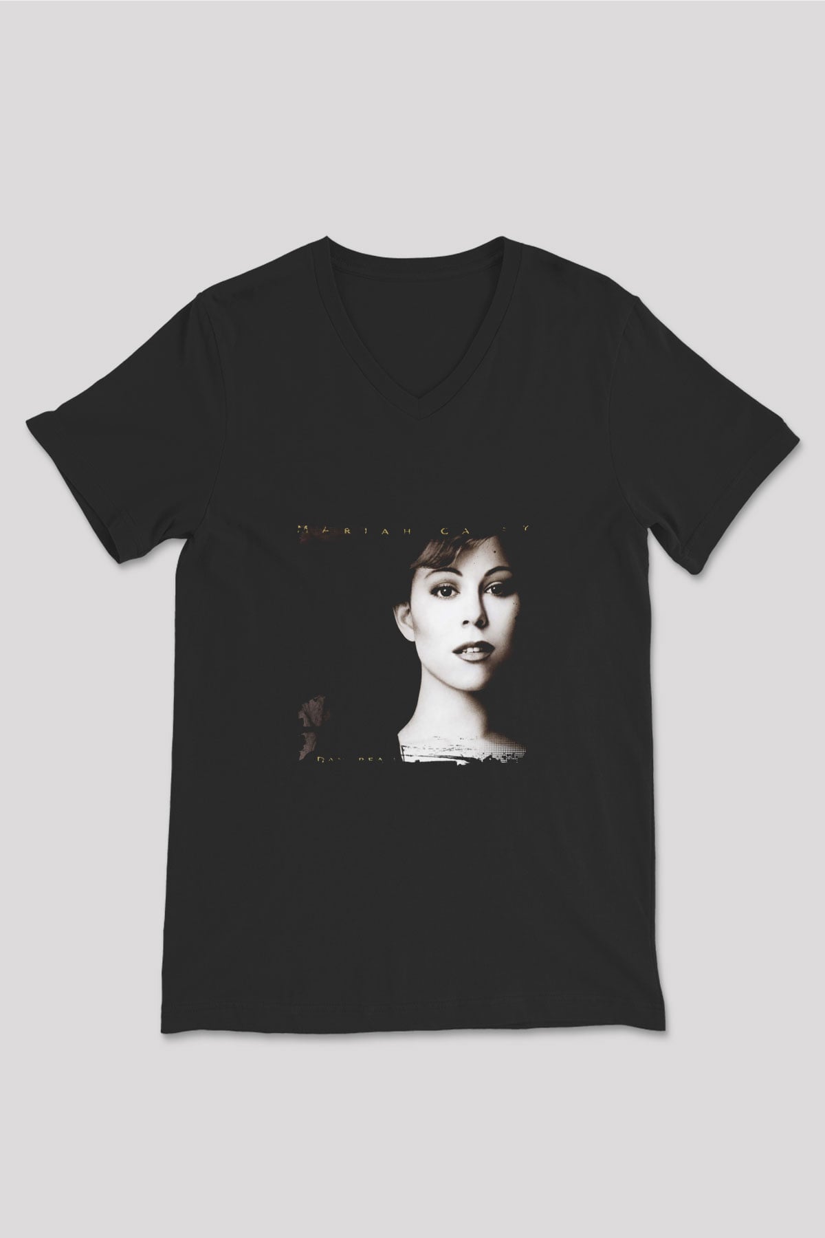 Mariah Carey Baskılı Unisex Siyah V Yaka Tişört