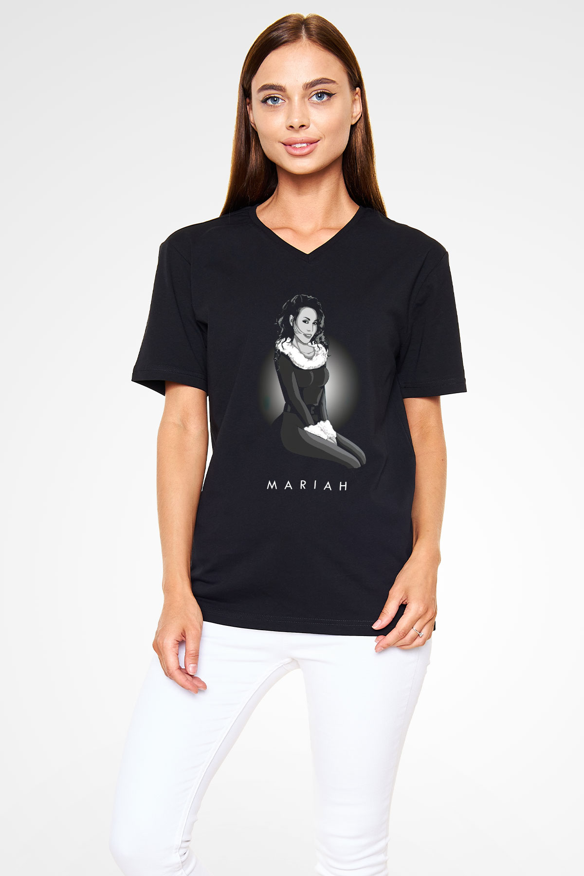 Mariah Carey Siyah Unisex V Yaka Tişört