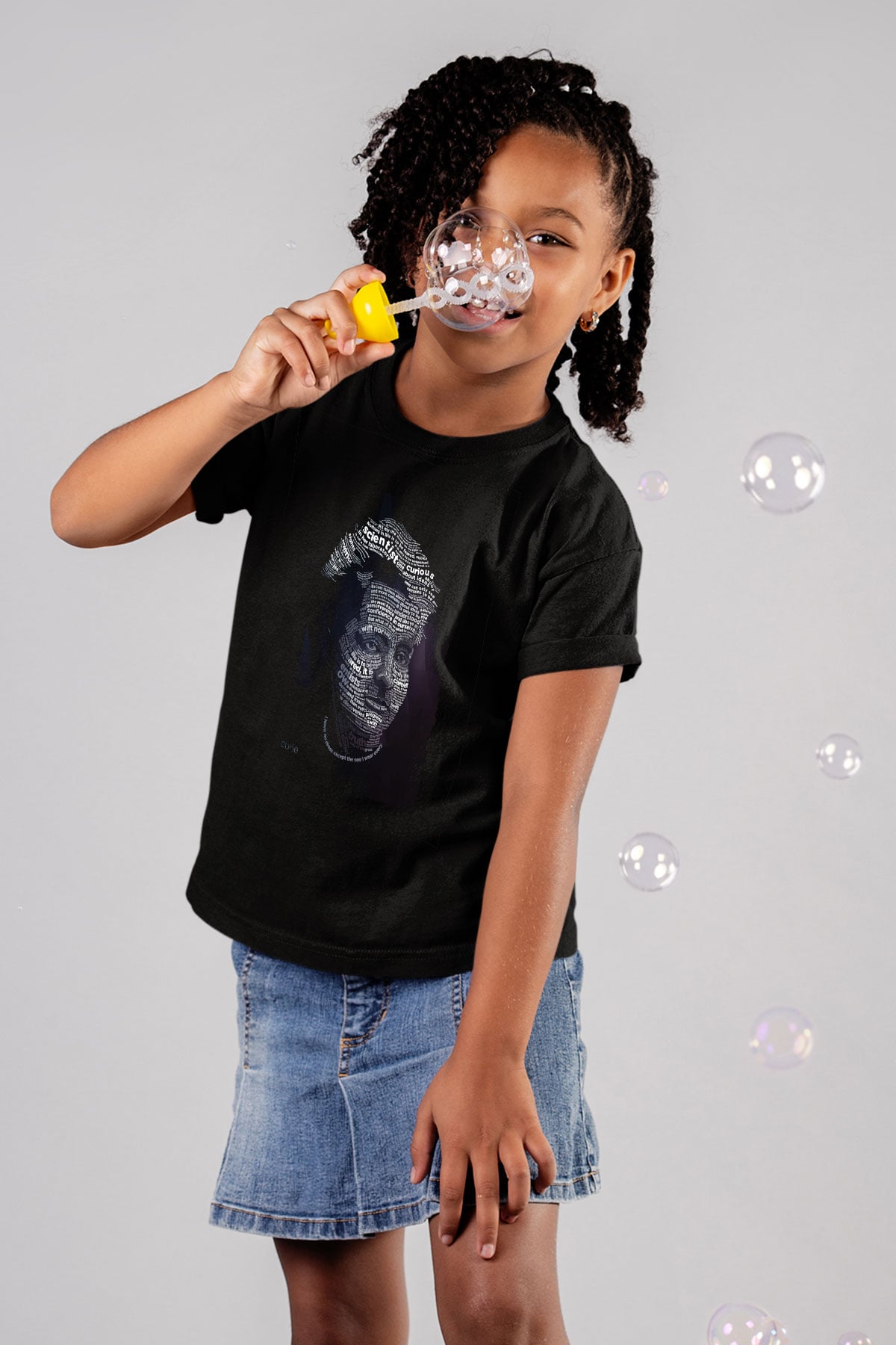 Marie Curie Tipografi Baskılı Unisex Siyah Çocuk Tişörtü - Tshirt