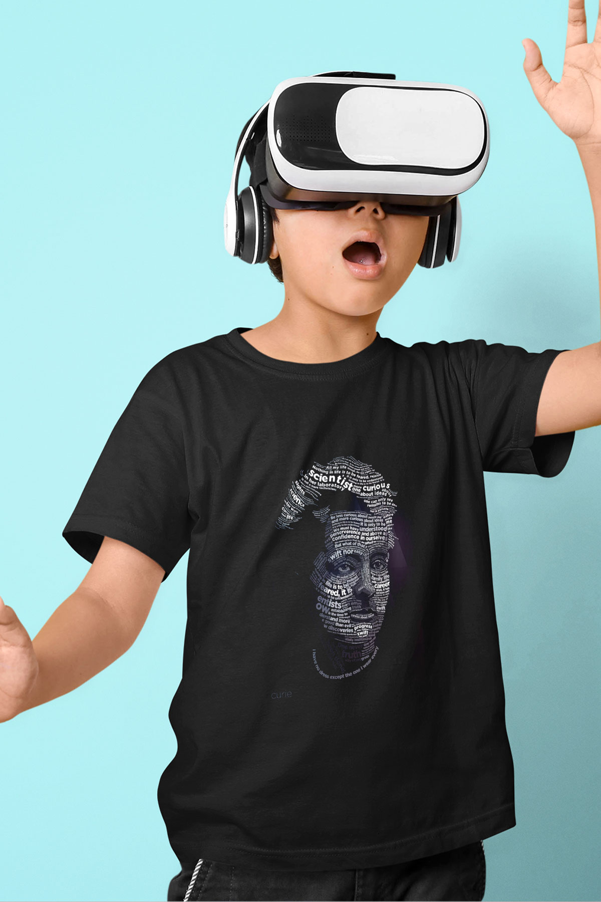 Marie Curie Tipografi Baskılı Unisex Siyah Çocuk Tişörtü - Tshirt