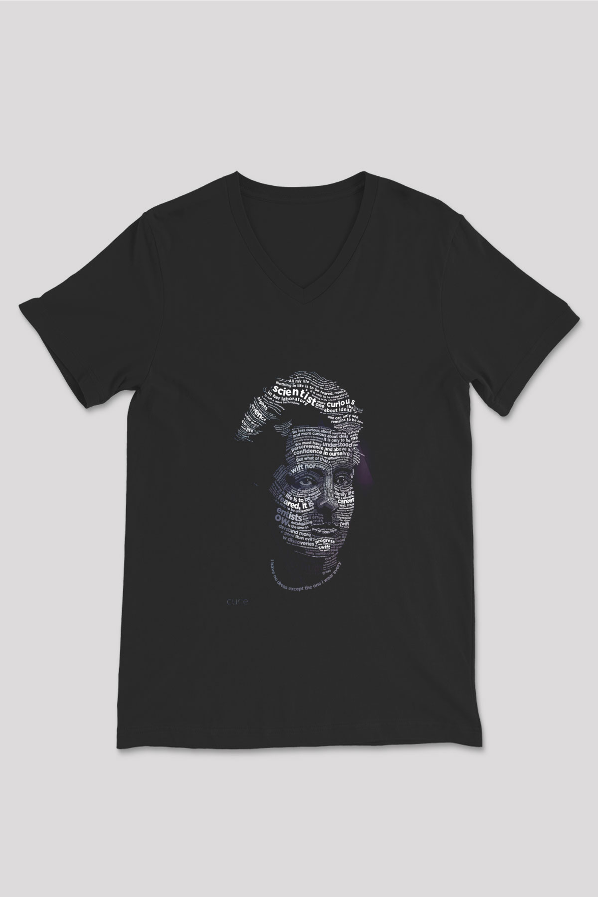 Marie Curie Tipografi Baskılı Unisex V Yaka Siyah Tİşört - Tshirt