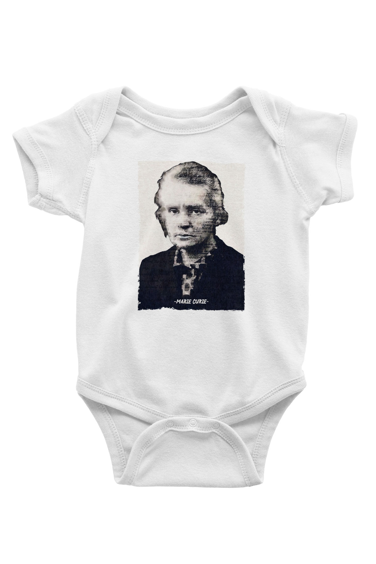 Marie Curie Yazılı Portre Baskılı Beyaz Bebek Body - Zıbın