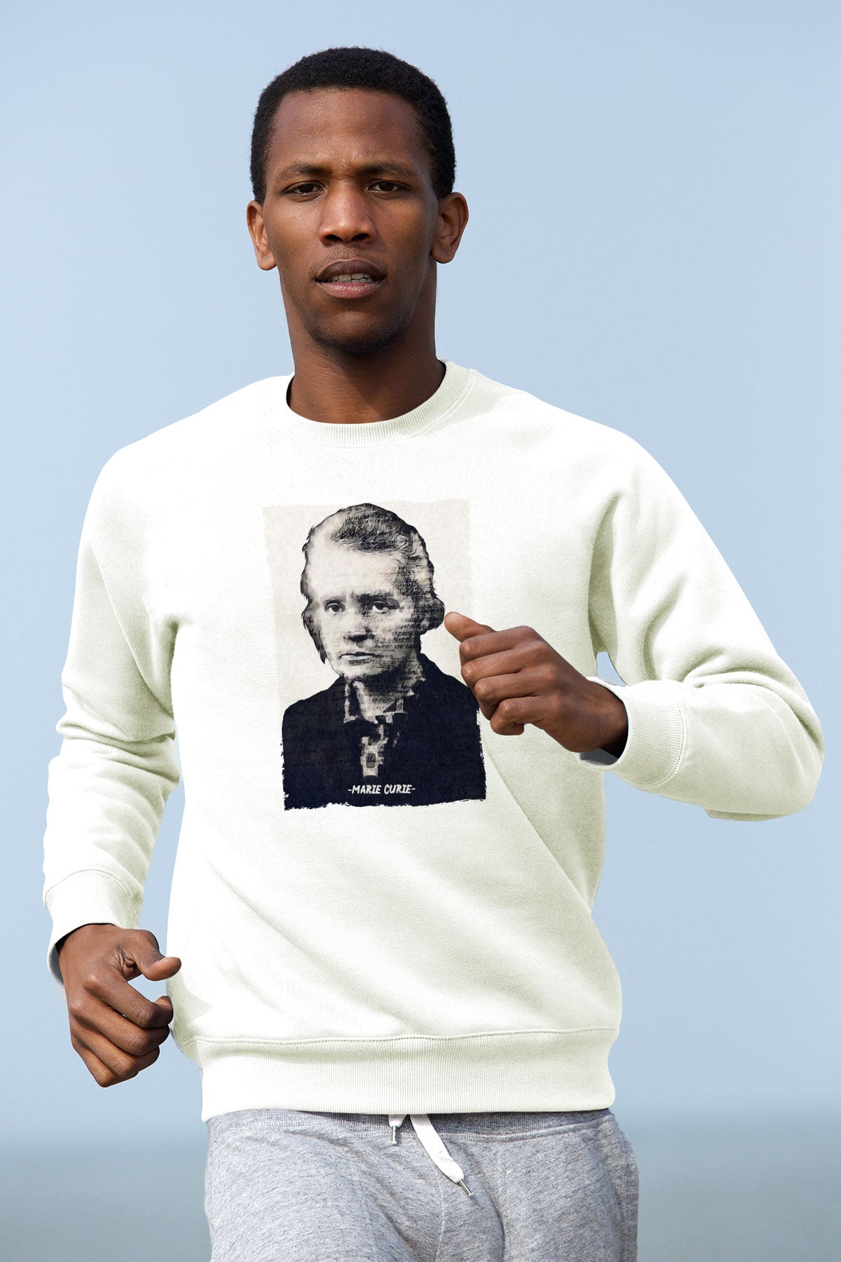 Marie Curie Yazılı Portre Baskılı Unisex Ekru Sweatshirt