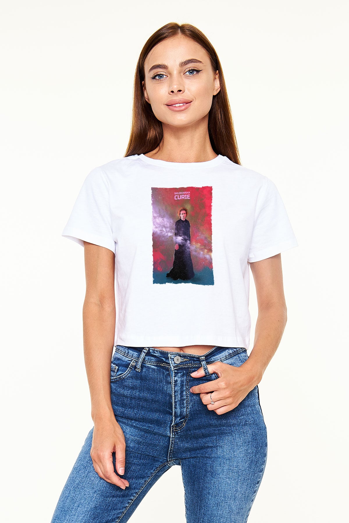 Marie Skłodowska Curie Renkli Baskılı Kadın Crop Top Beyaz Tişört