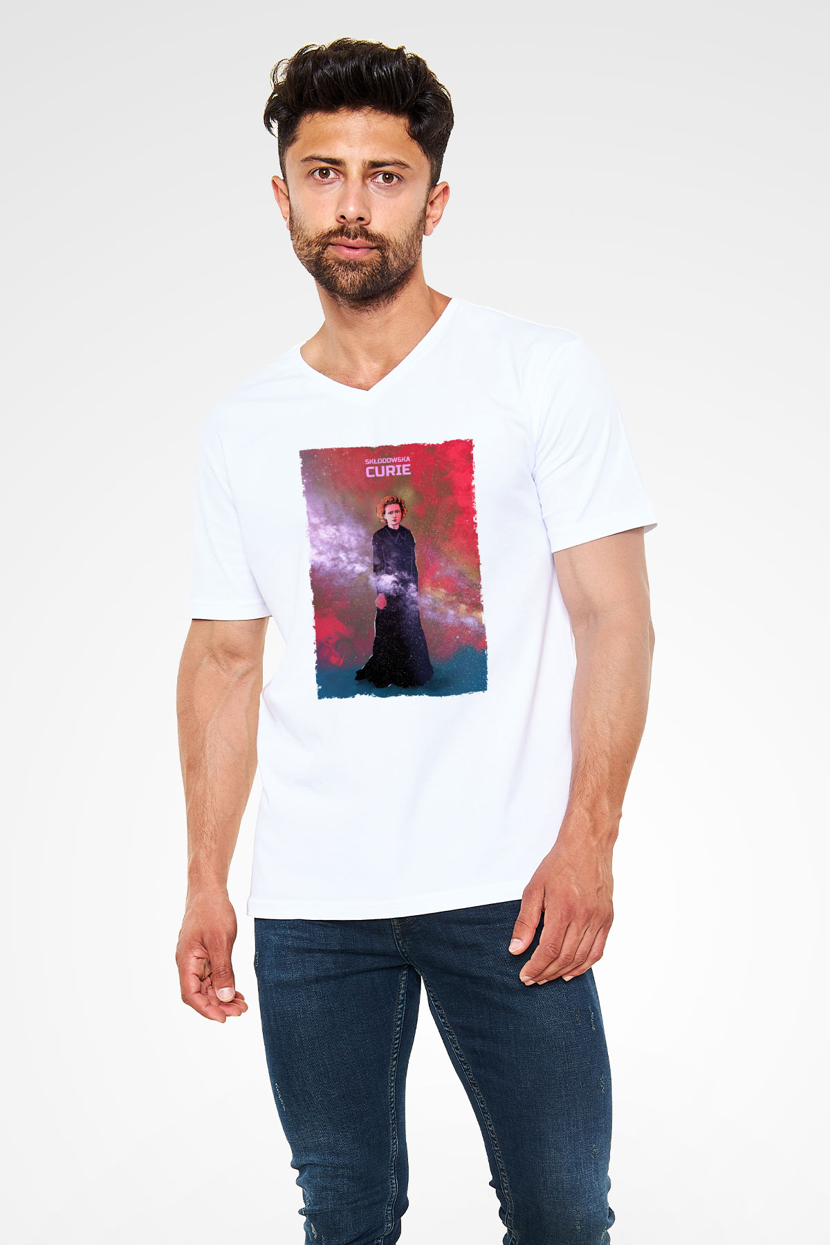 Marie Skłodowska Curie Renkli Baskılı Unisex V Yaka Beyaz Tişört - Tshirt