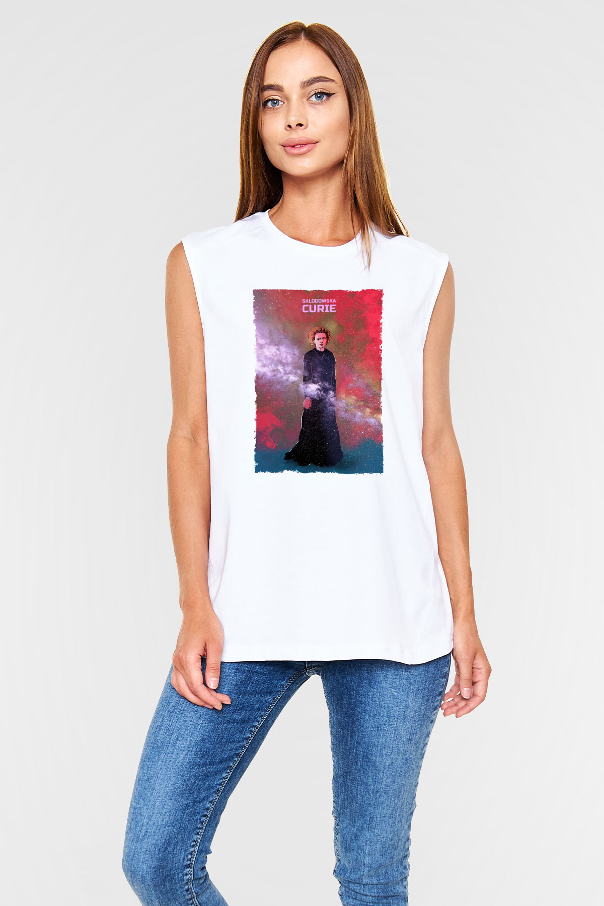 Marie Skłodowska Curie Renkli Baskılı Unisex Kolsuz Beyaz Tişört - Tshirt
