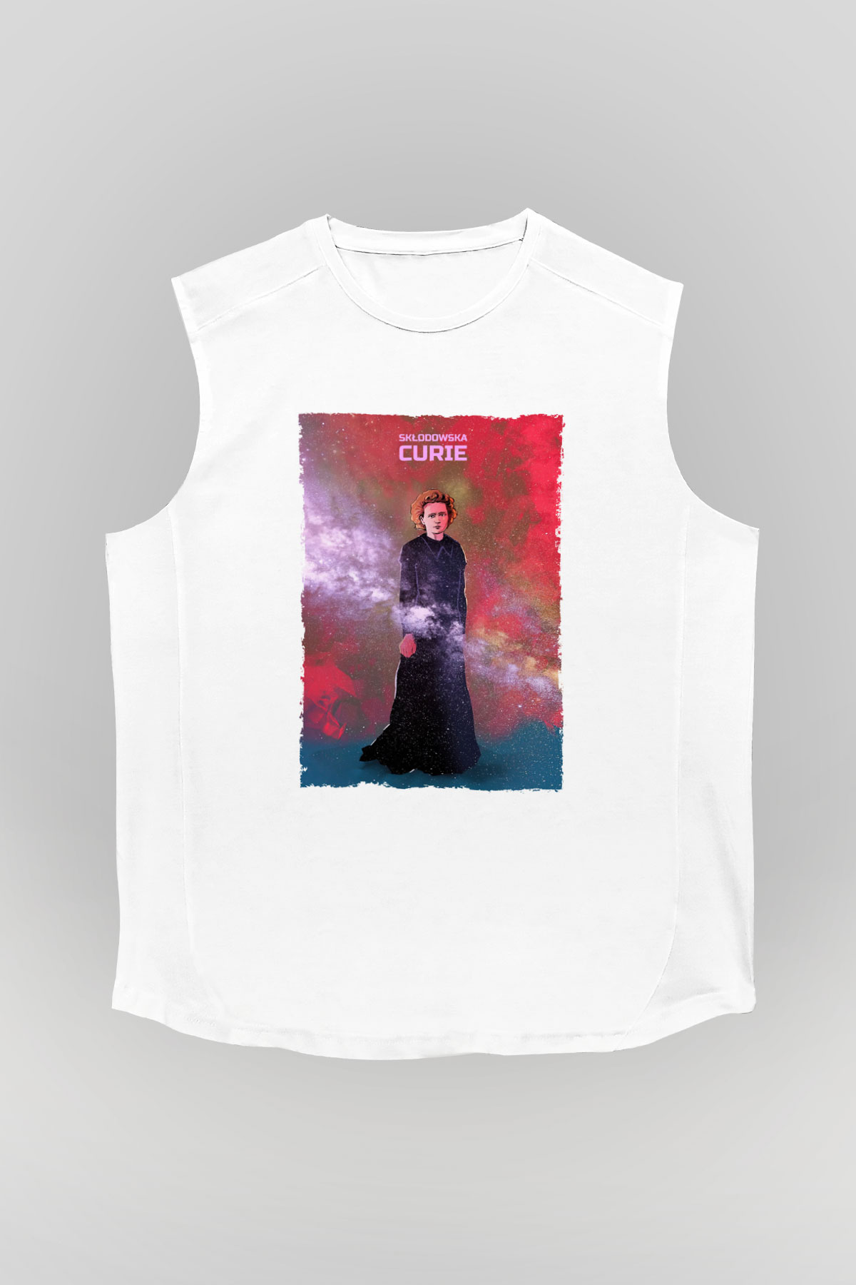Marie Skłodowska Curie Renkli Baskılı Unisex Kolsuz Beyaz Tişört - Tshirt