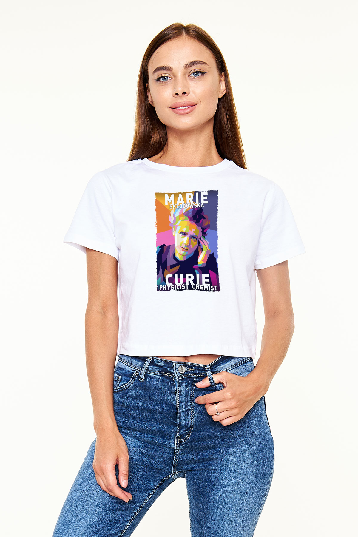 Marie Sklodowska Curie Baskılı Kadın Crop Top Beyaz Tişört