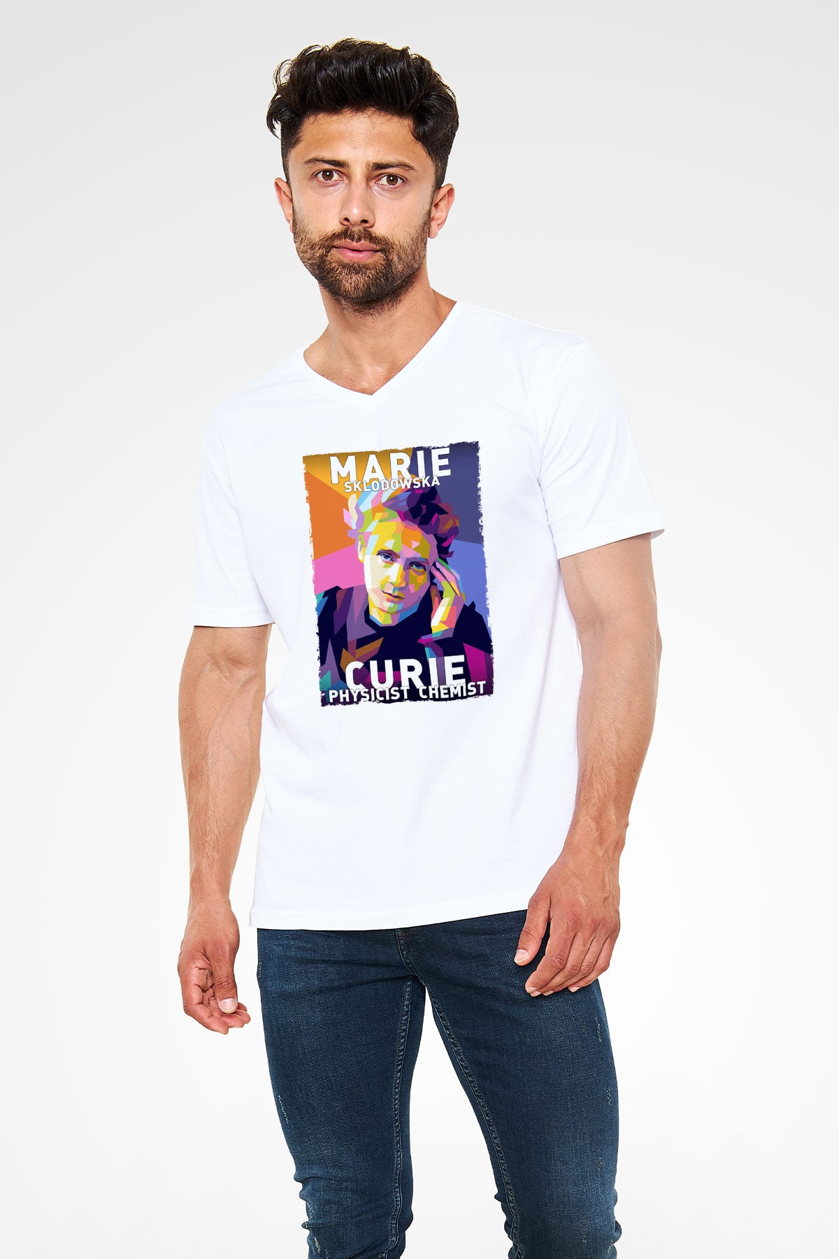 Marie Sklodowska Curie Baskılı Unisex V Yaka Beyaz Tişört - Tshirt