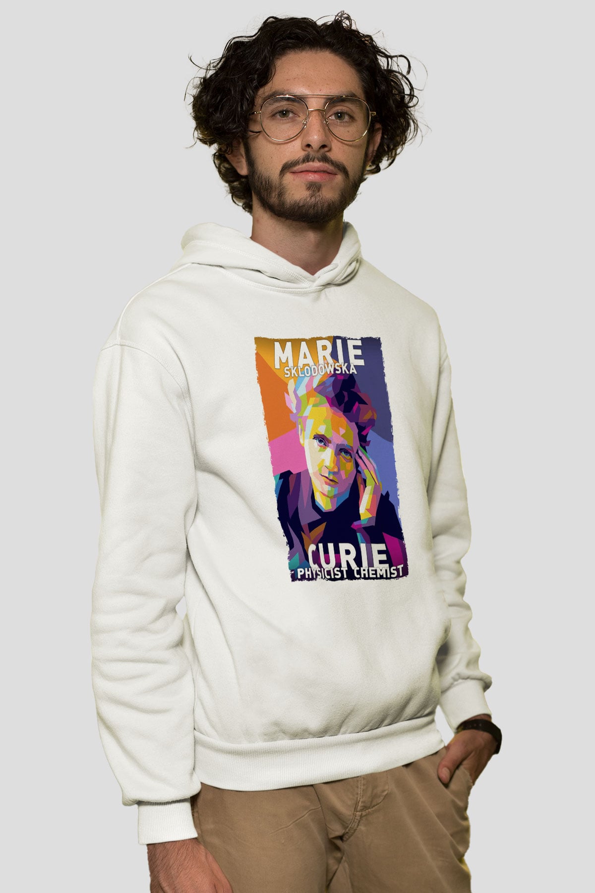 Marie Sklodowska Curie Baskılı Unisex Ekru Hoodie