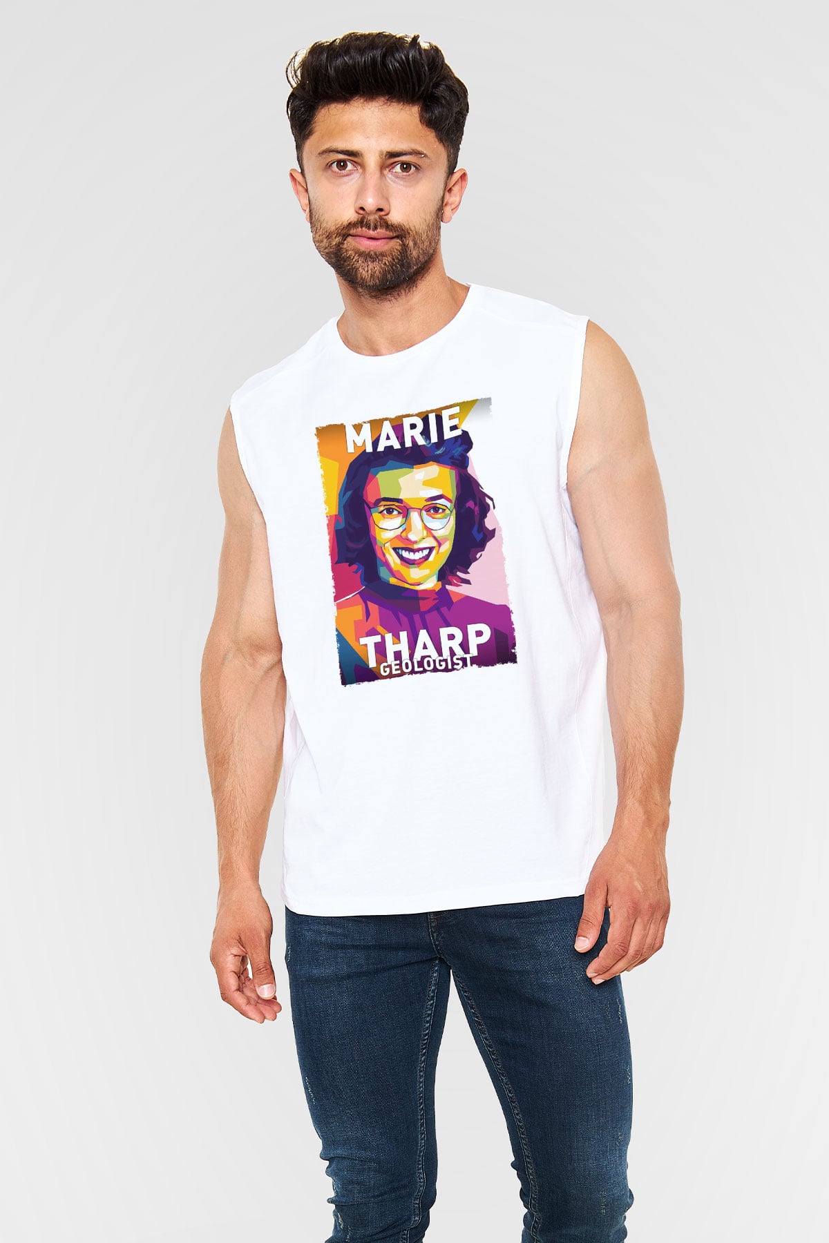 Marie Tharp Baskılı Unisex Kolsuz Beyaz Tişört - Tshirt